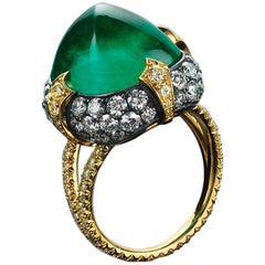 Bayco 11.28 Carat Sugarloaf Cabochon Colombian Emerald Diamond Gold Silver Ring