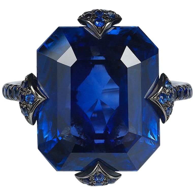 Bayco 14.26 Carat Emerald Cut Ceylon Sapphire Diamond Gold Cocktail Ring For Sale