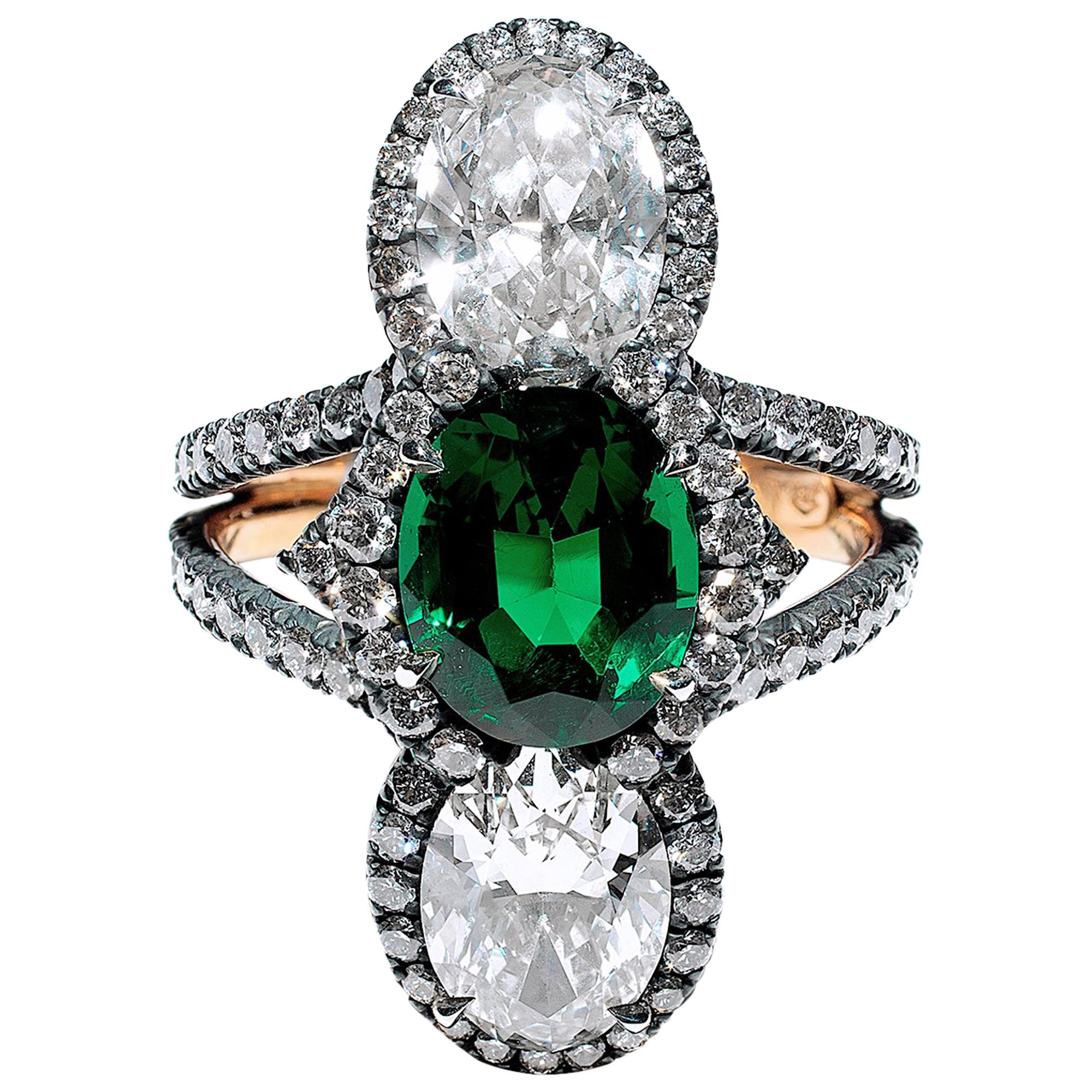 Bayco 1.95 Carat No Oil Zambian Emerald Diamond 20kt Gold Oxidized Silver Ring For Sale