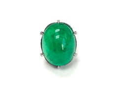 Bayco 47.05 Carat Cabochon Colombian Emerald Diamond Platinum Silver Ring