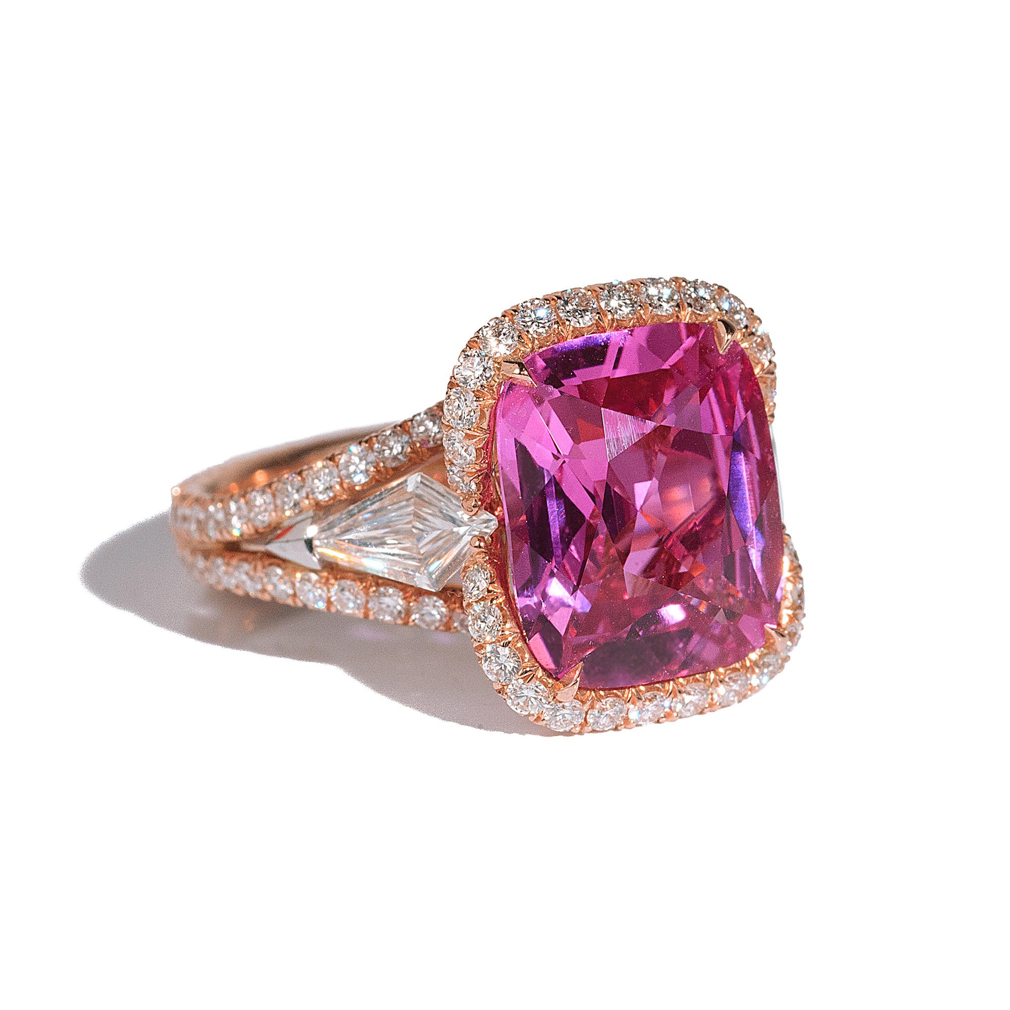 An 18kt rose gold ring centered upon a magnificent 5.58 carat cushion pink sapphire, certified by GIA and C. Dunaigre, flanked by kite diamonds and set with an intricate diamond micropavé design. Total diamond weight 2.03 carats.

Modern jewels for