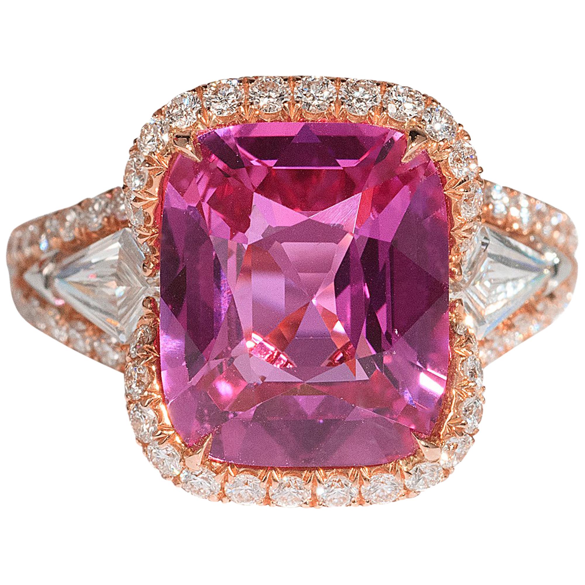 Bayco 5.58 Carat Cushion Pink Sapphire Diamond 18 Karat Rose Gold Ring For Sale