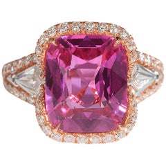 Bayco 5.58 Carat Cushion Pink Sapphire Diamond 18 Karat Rose Gold Ring