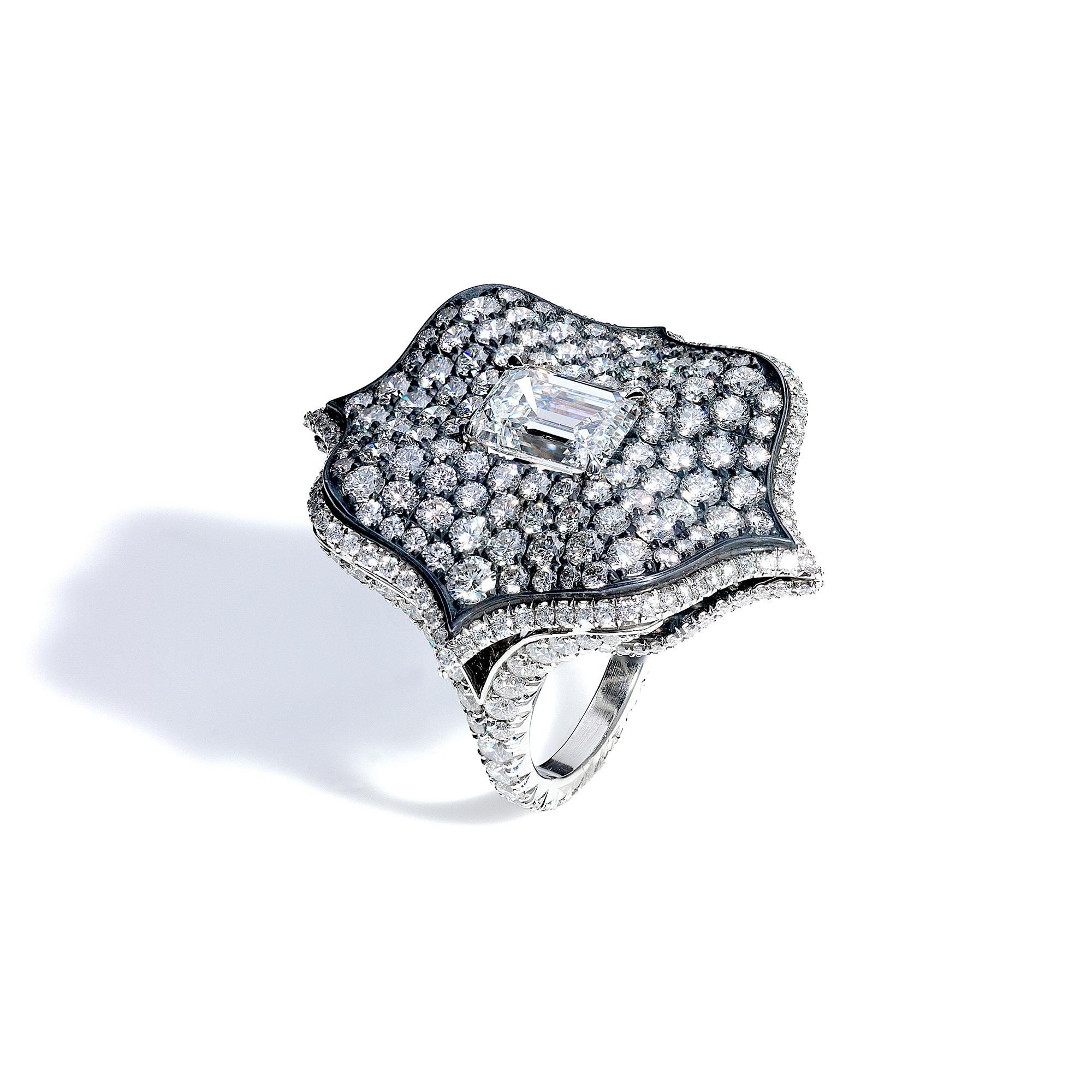 Modern Bayco 6.02 Carat Emerald-Cut Diamond Platinum Oxidized Silver Lotus Ring For Sale