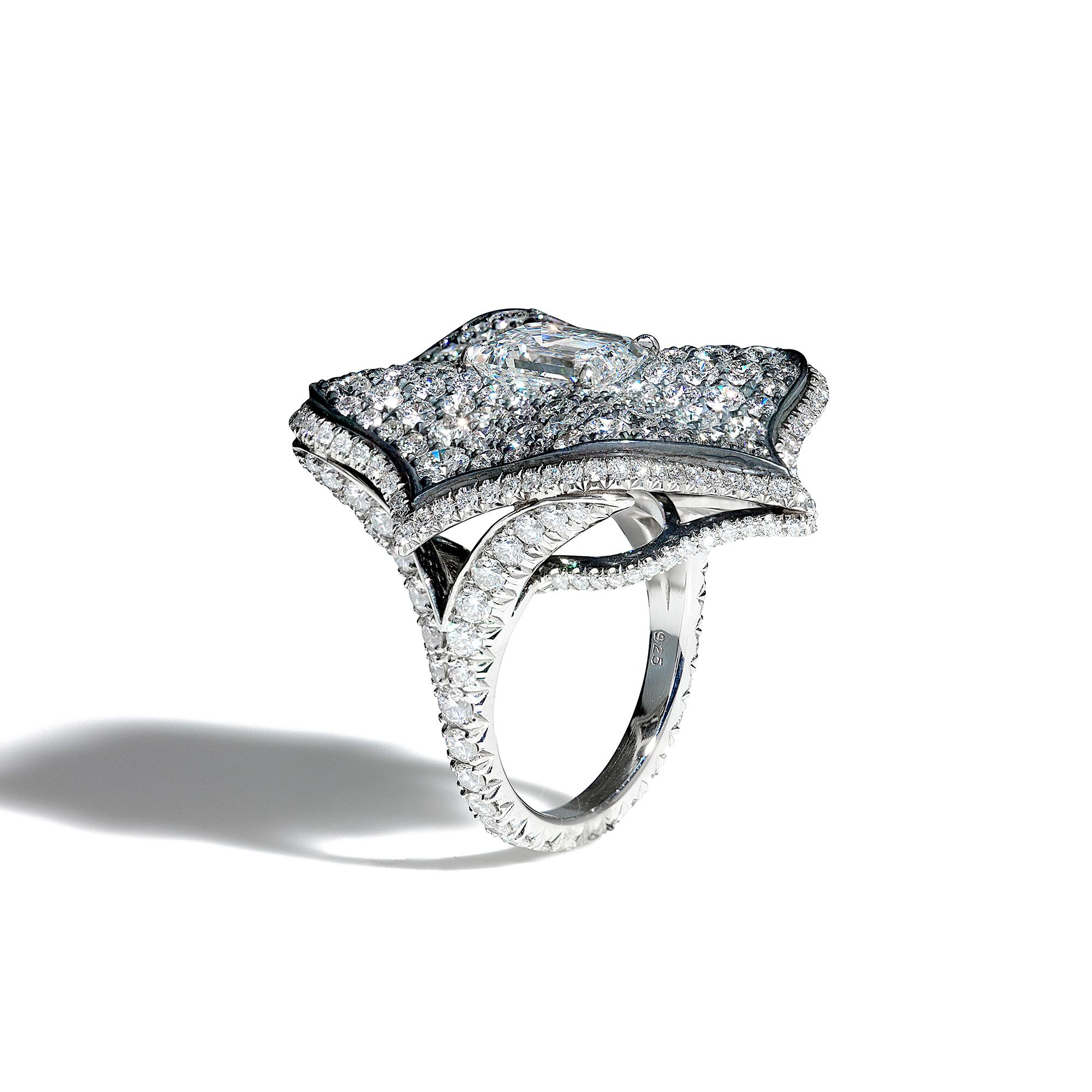 Emerald Cut Bayco 6.02 Carat Emerald-Cut Diamond Platinum Oxidized Silver Lotus Ring For Sale