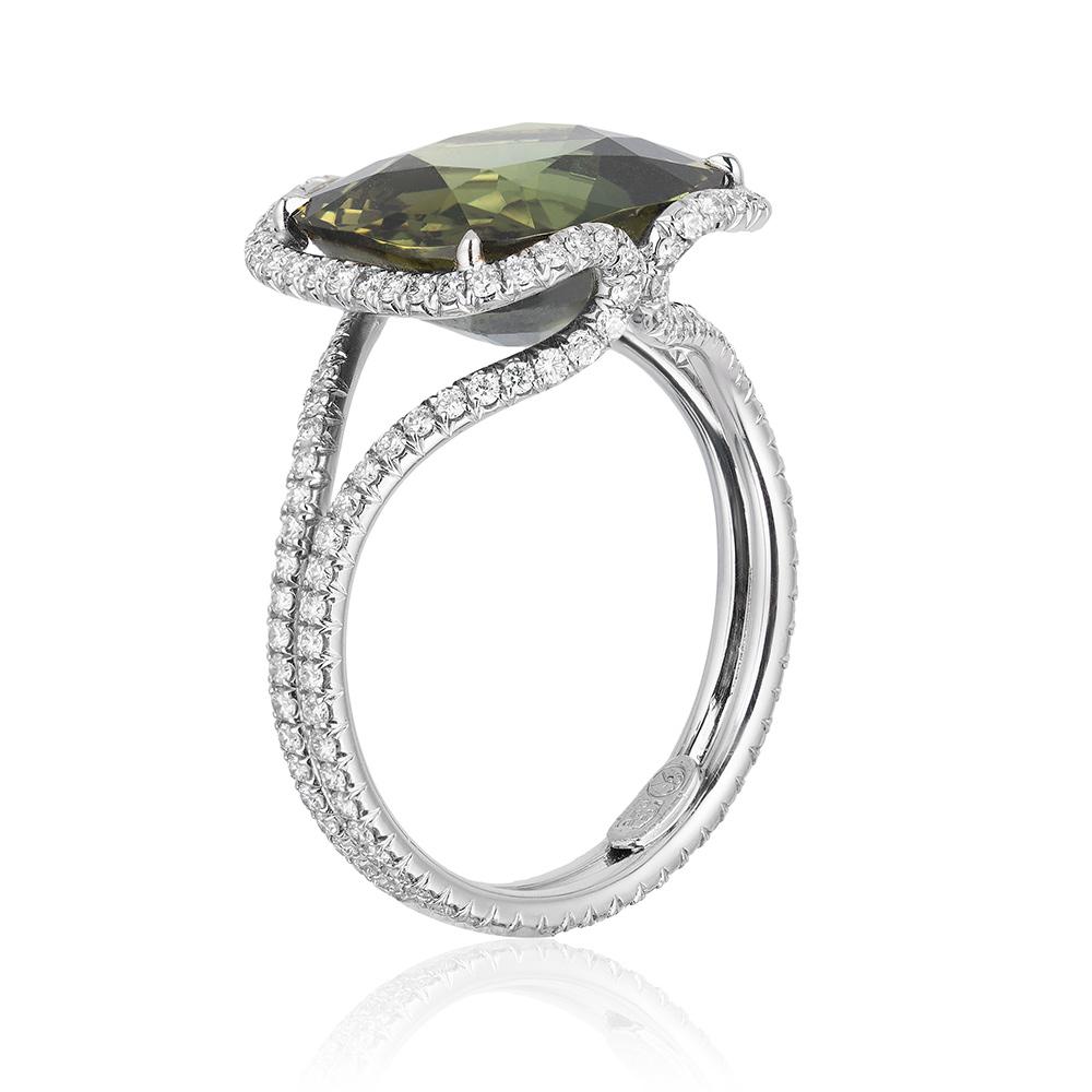 Modern Bayco 6.92 Carat Unheated Madagascar Green Sapphire Diamond Platinum Ring