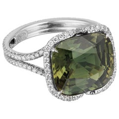 Bayco 6.92 Carat Unheated Madagascar Green Sapphire Diamond Platinum Ring