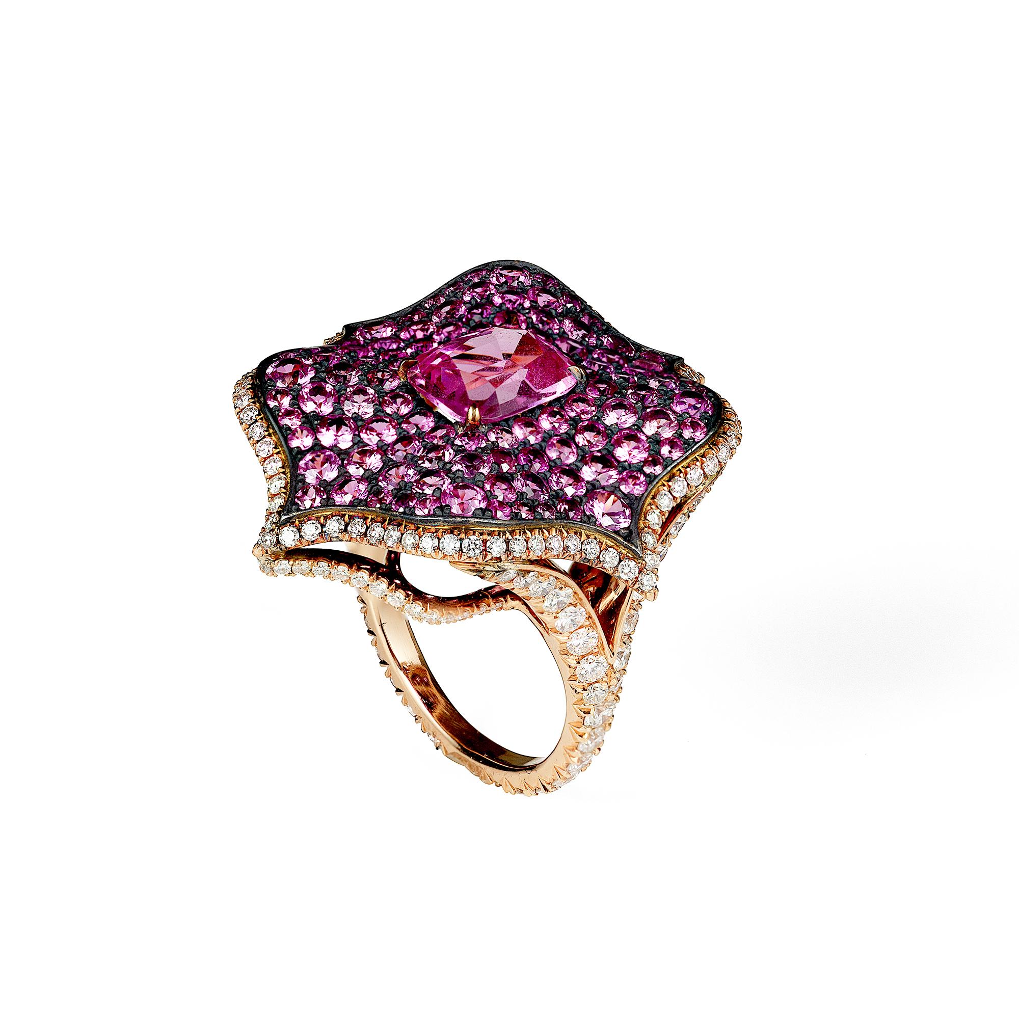 Modern Bayco 7.12 Carat Pink Sapphire Diamond 18 Karat Gold Oxidized Silver Lotus Ring For Sale