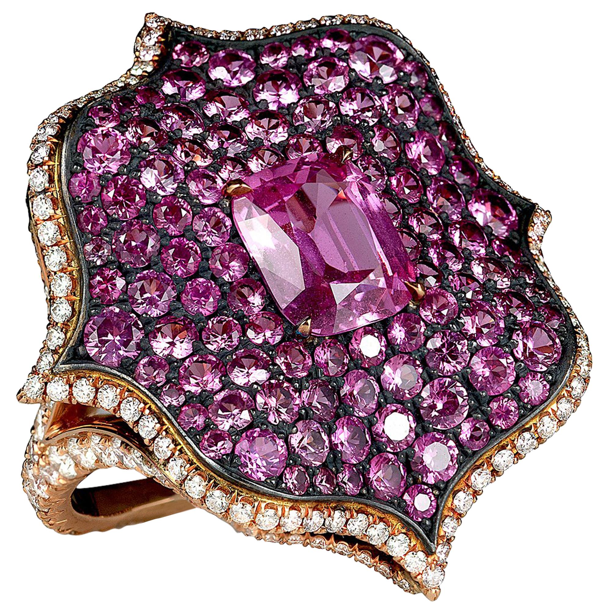 Bayco 7.12 Carat Pink Sapphire Diamond 18 Karat Gold Oxidized Silver Lotus Ring For Sale