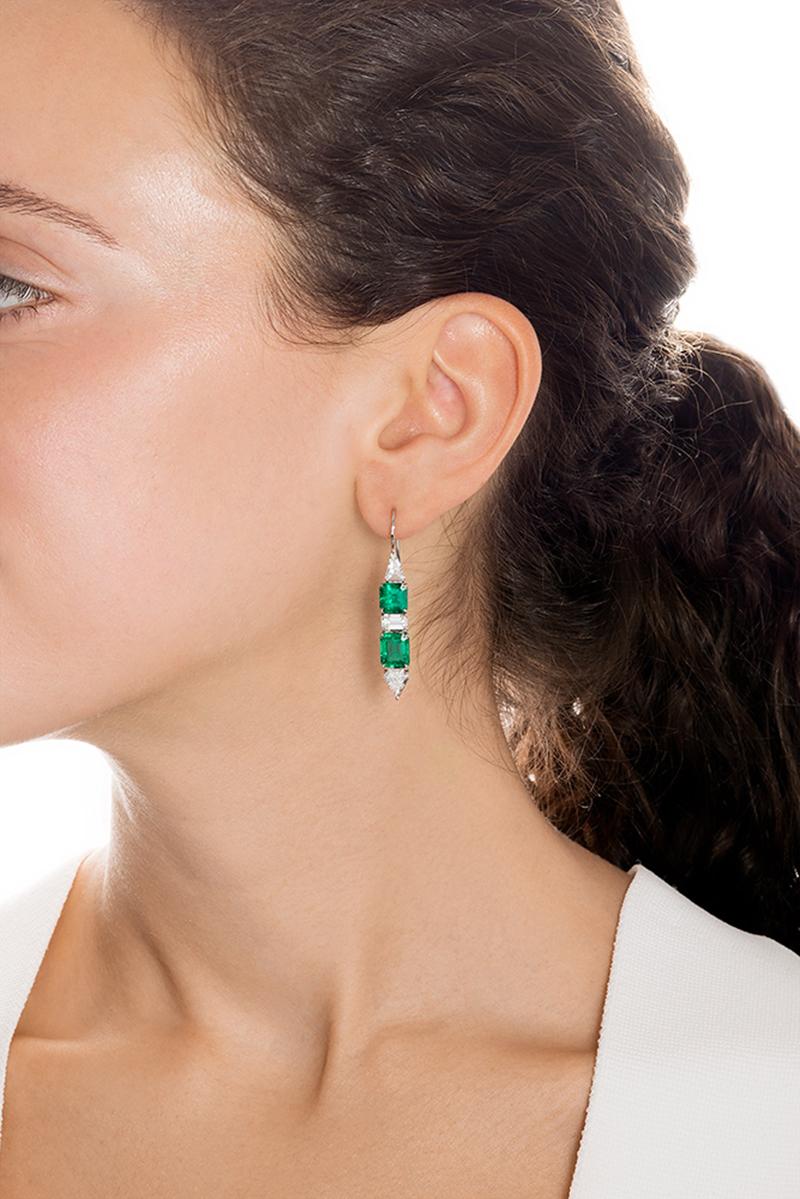 Emerald Cut Bayco 8.47 Total Carats Colombian Emerald Diamond Platinum Earrings