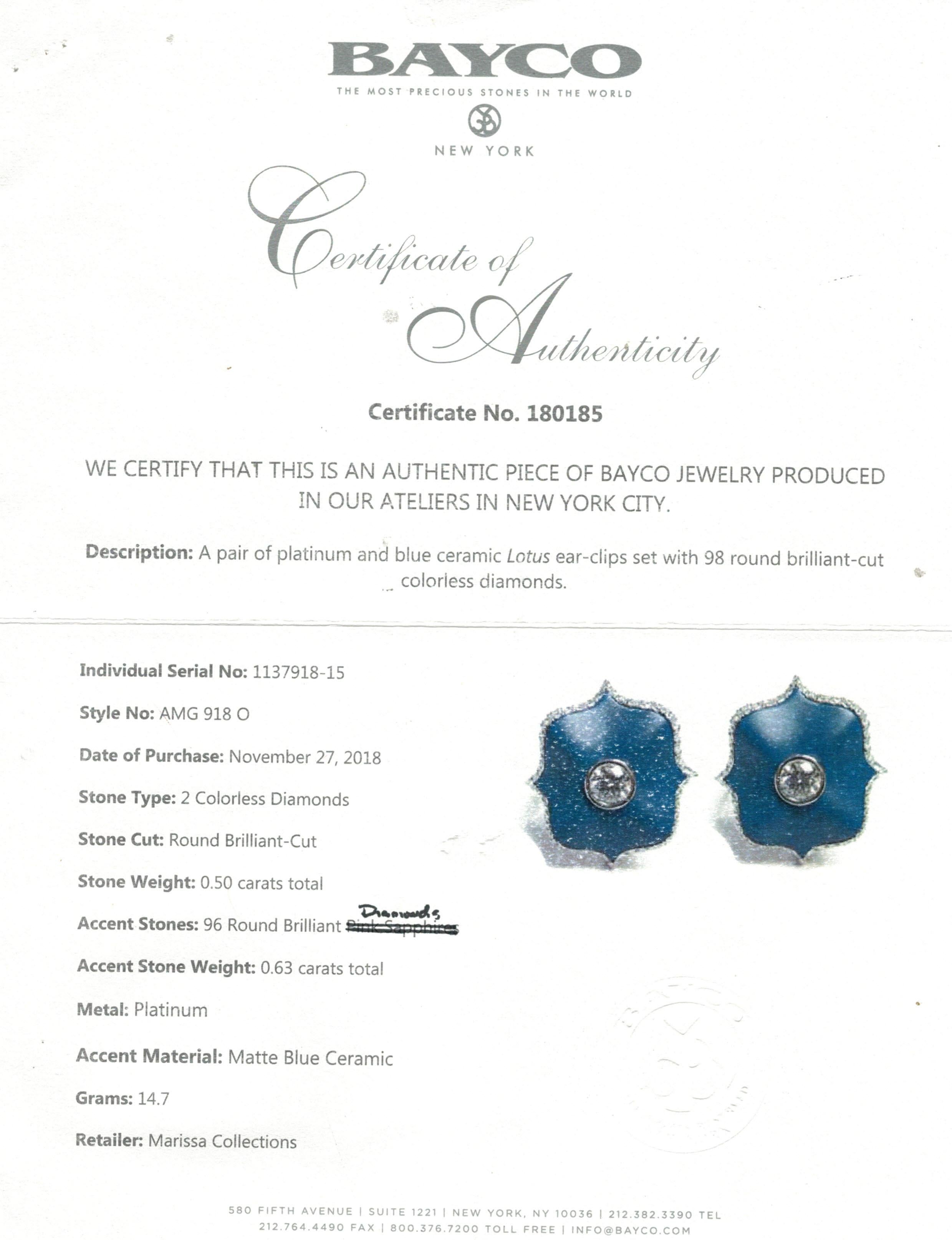 Taille brillant Boucles d'oreilles Lotus Diamant en céramique bleue Bayco en vente