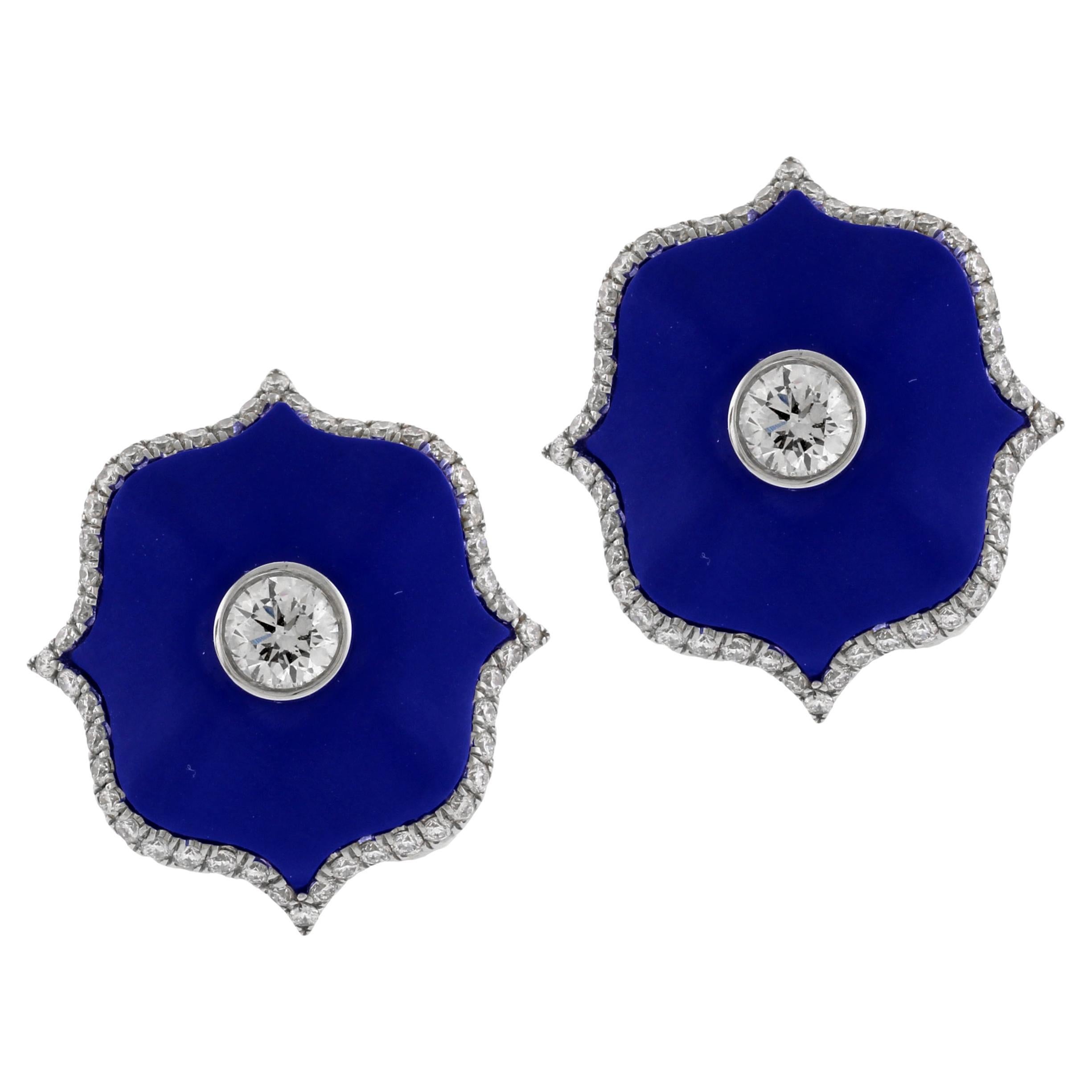 Bayco Blue Ceramic Lotus Diamond Earrings For Sale