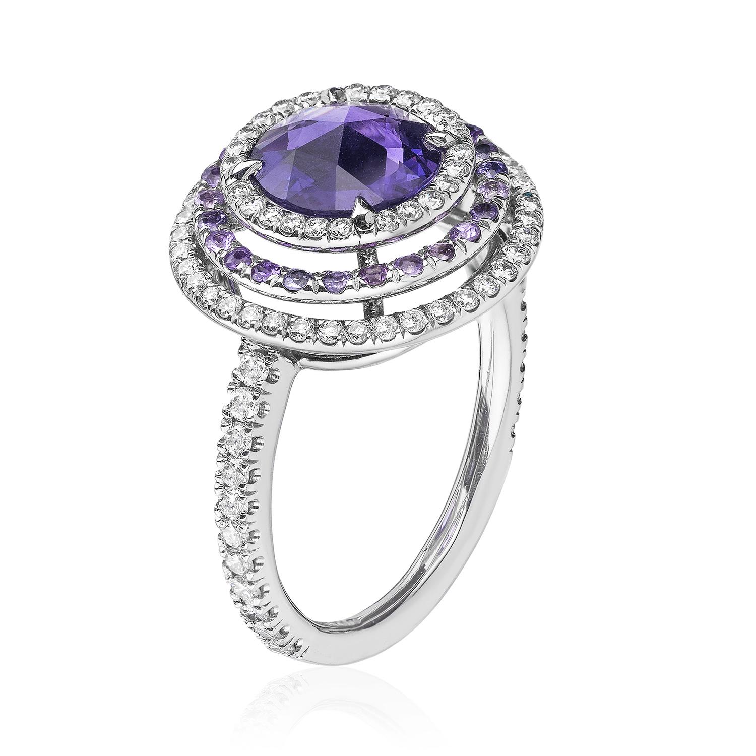 A Platinum ring centered upon a 1.24 carat natural unheated rose-cut purple sapphire, certified by C. Dunaigre Consulting, set within a three row micropavé surround consisting of colorless diamonds and natural unheated purple sapphires with