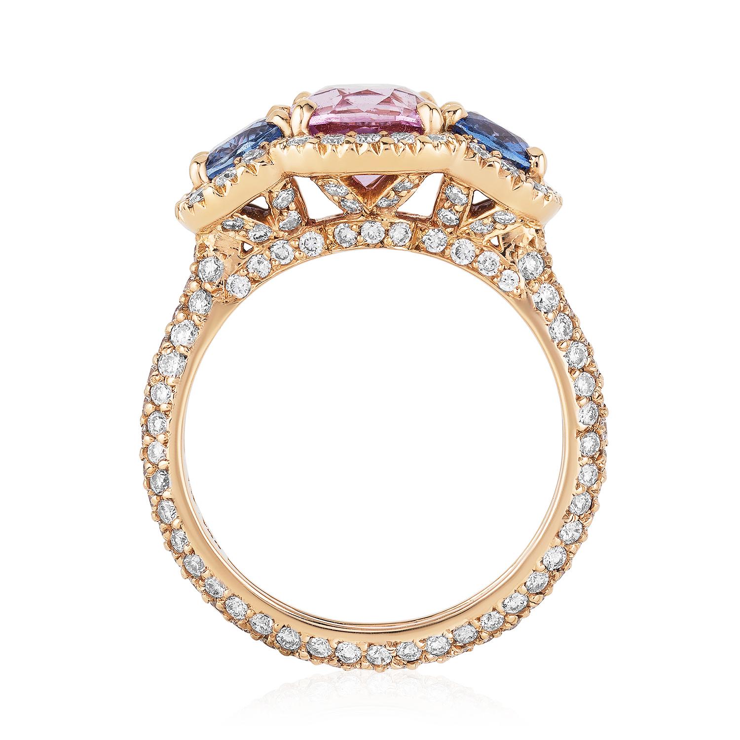 Modern Bayco CDC Certified 3.51 Carat Pink Blue Sapphire Diamond Rose Gold Ring For Sale