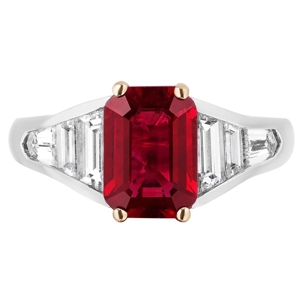 Bayco GRS Certified 2.10 Carat Burma Ruby Diamond Platinum 18 Karat Gold Ring