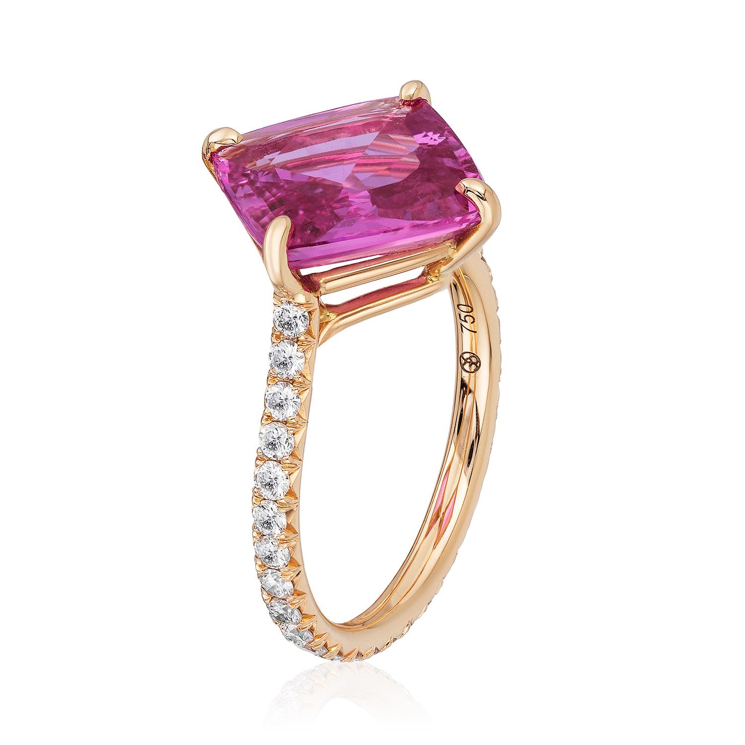 An 18kt rose-gold solitaire ring centered upon a 5.02 carat cushion pink sapphire, certified by Gubelin Gem Lab, set with colorless diamond micropavé on the shank. Total diamond weight 0.54 carats.

Finding the right melange of colors is the skill
