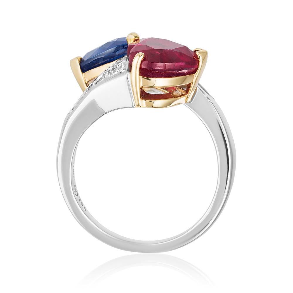 Modern Bayco Ruby Sapphire Diamond Platinum 18 Karat Yellow Gold Bypass Ring