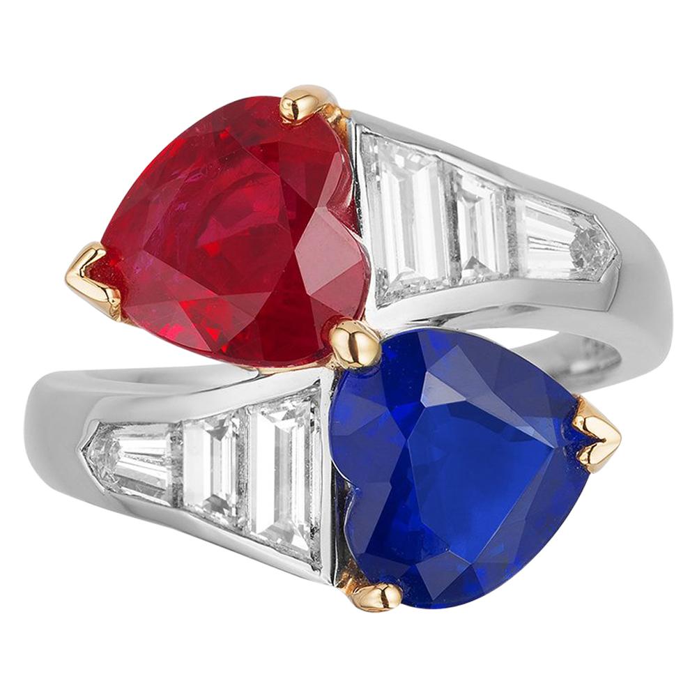 Bayco Ruby Sapphire Diamond Platinum 18 Karat Yellow Gold Bypass Ring