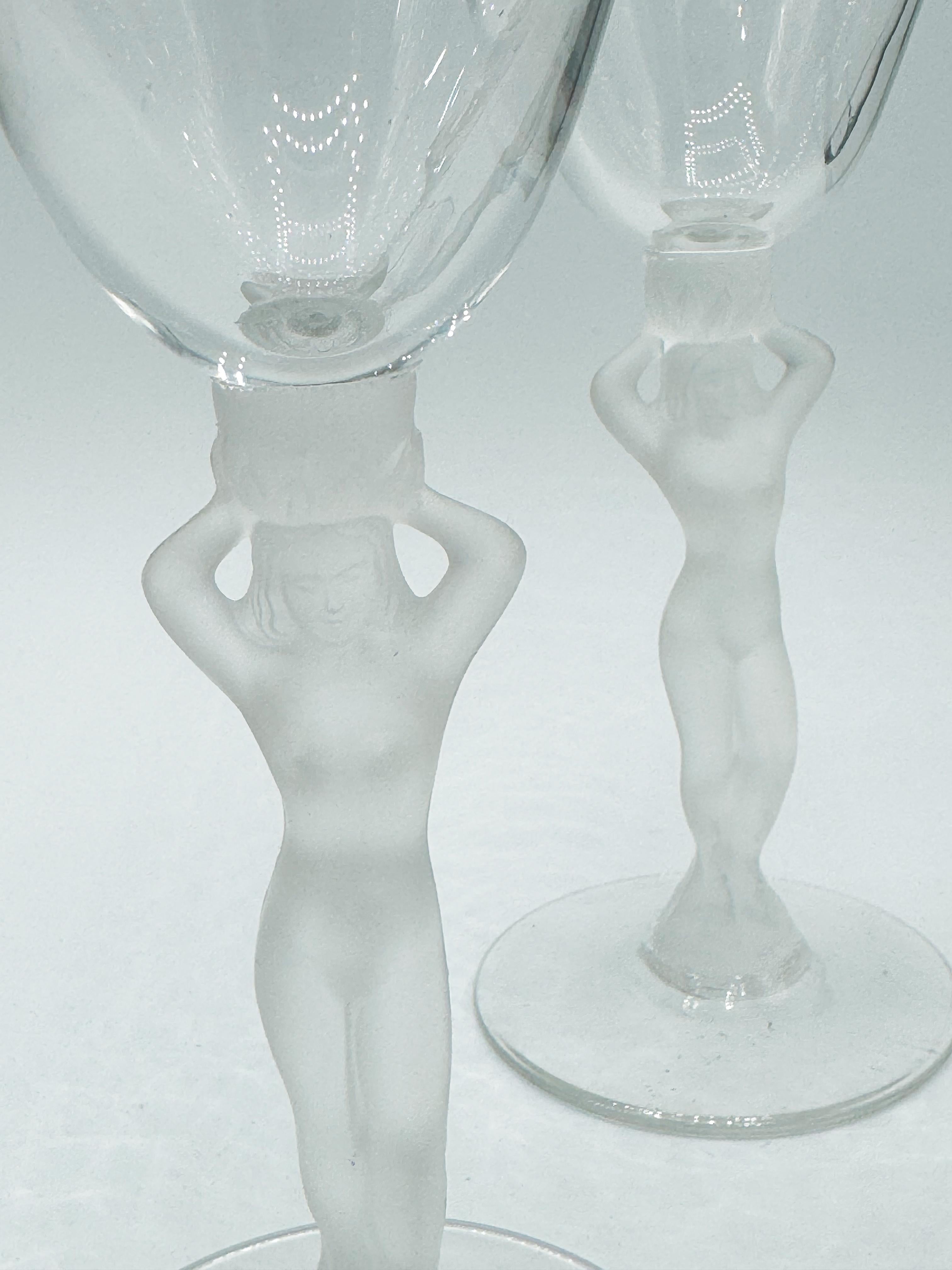 Bayel France Crystal Frosted Nude Bacchus Glasses, Art Deco Pair In Good Condition In Toronto, CA