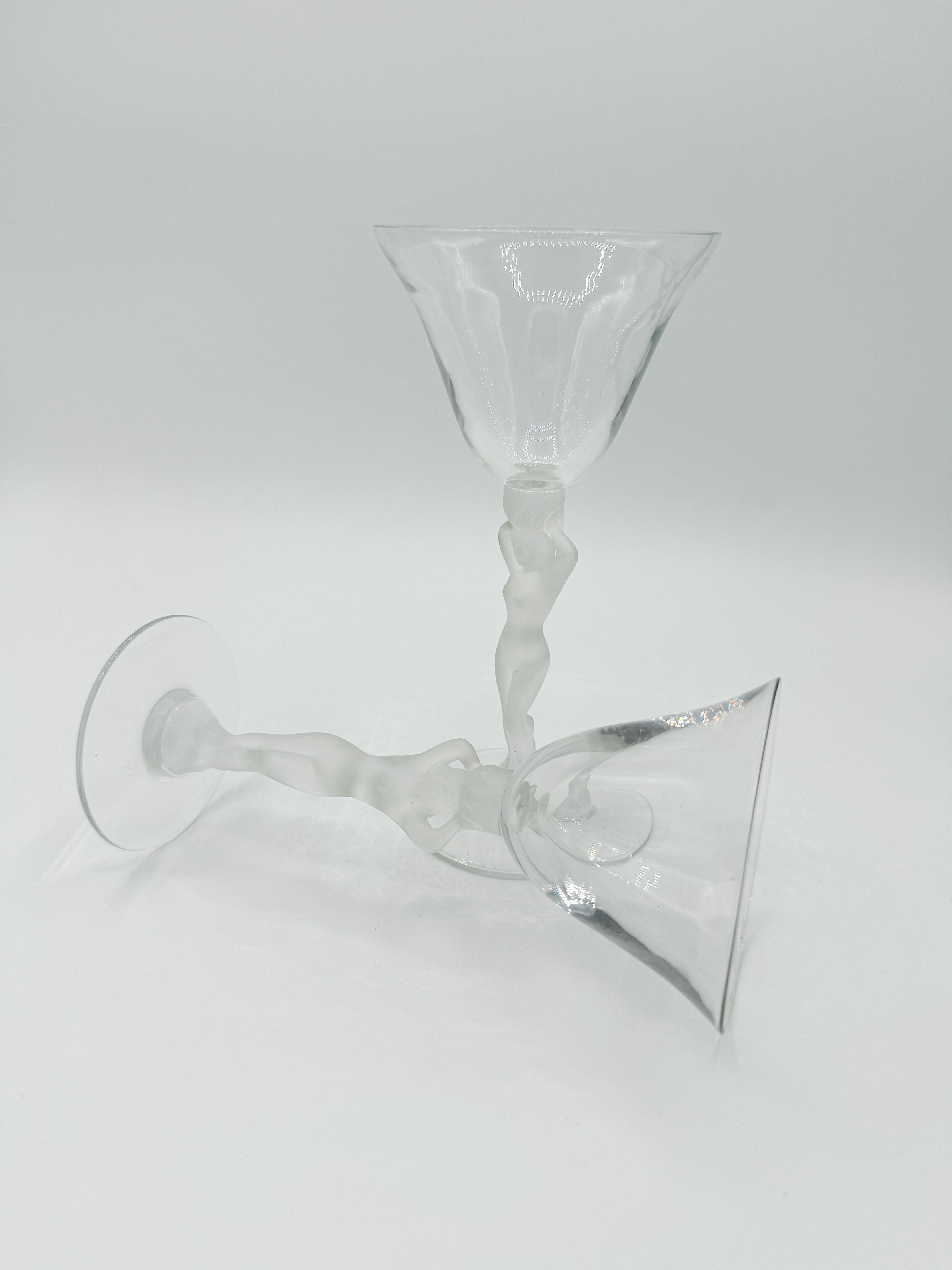 20th Century Bayel France Crystal Frosted Nude Bacchus Glasses, Art Deco Pair