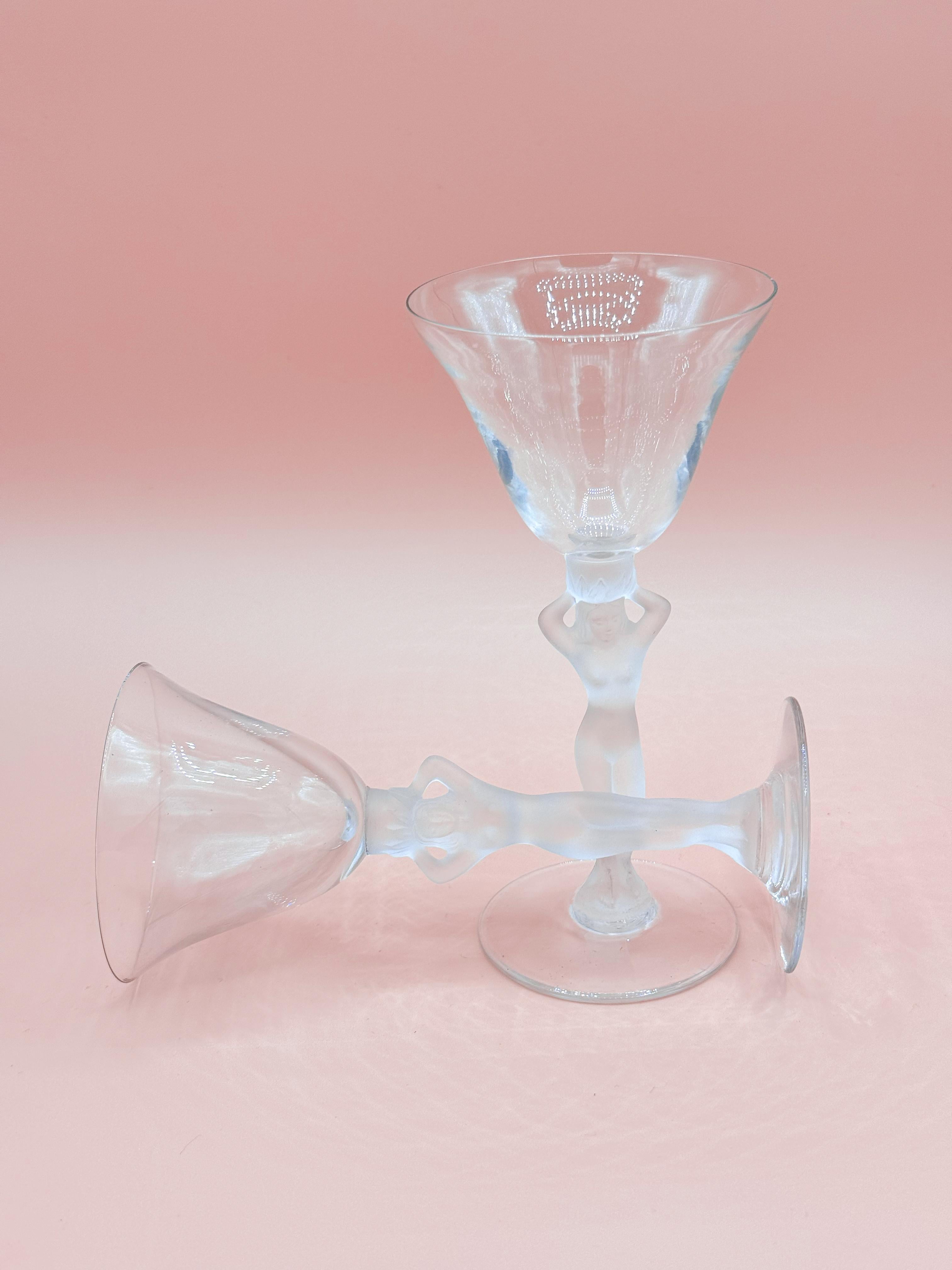 Bayel France Crystal Frosted Nude Bacchus Glasses, Art Deco Pair 2