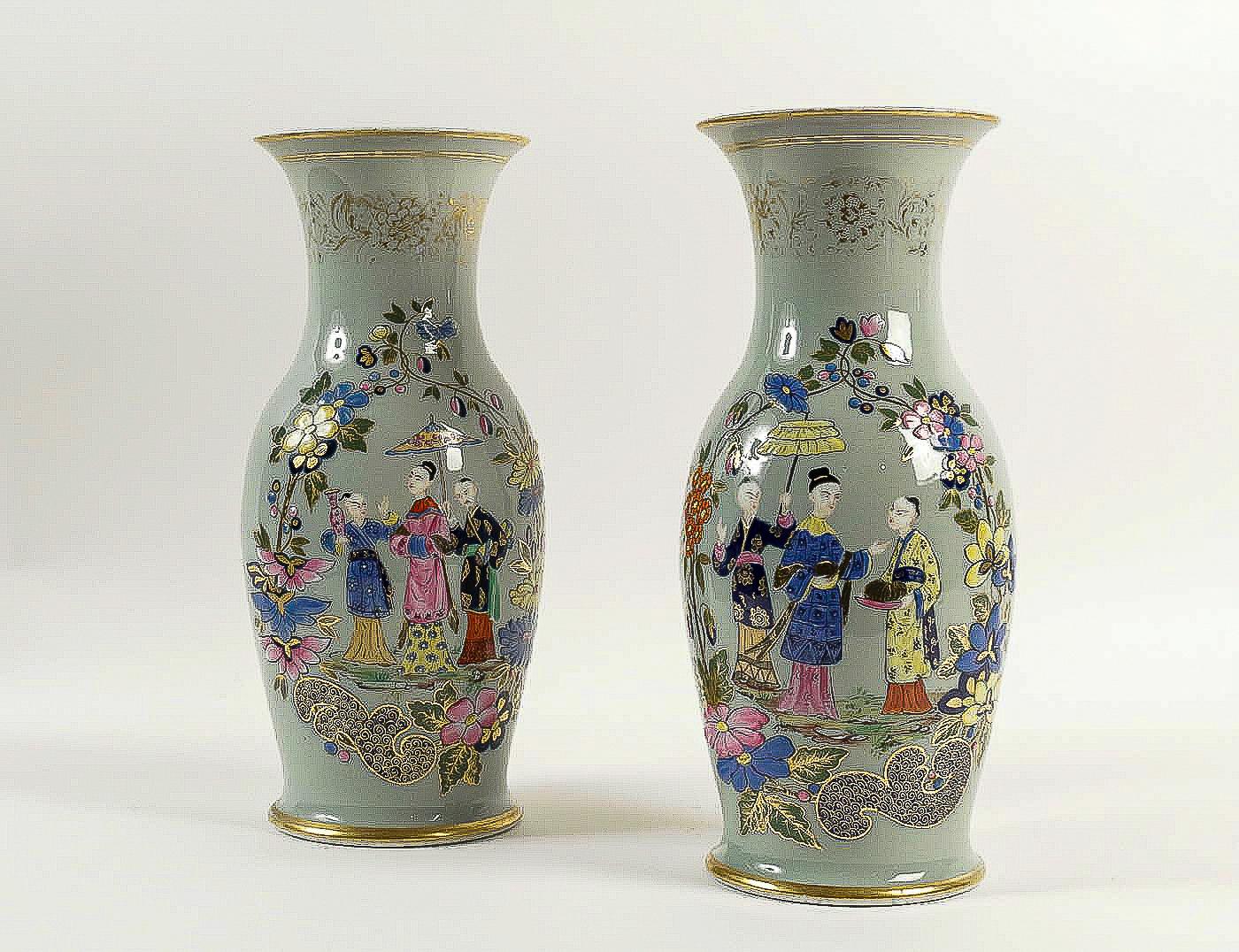 Bayeux, French 19th Century, Polychrome Celadon Family Pair of Vases, circa 1850 4