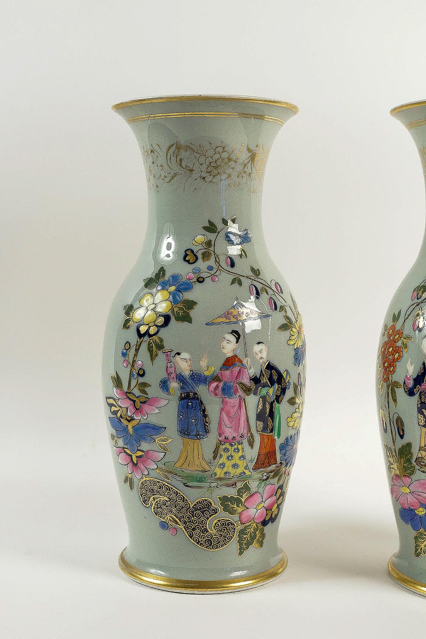 Chinoiserie Bayeux, French 19th Century, Polychrome Celadon Family Pair of Vases, circa 1850