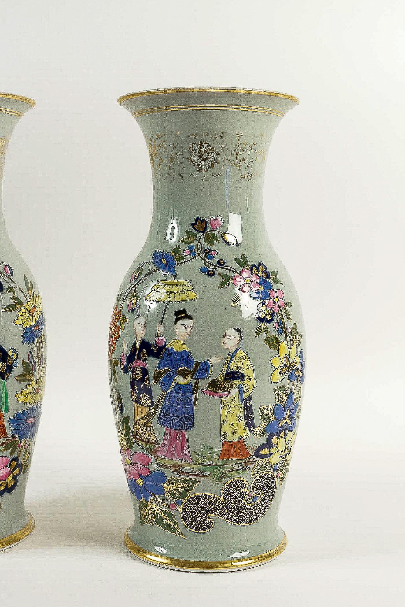 Hand-Painted Bayeux, French 19th Century, Polychrome Celadon Family Pair of Vases, circa 1850