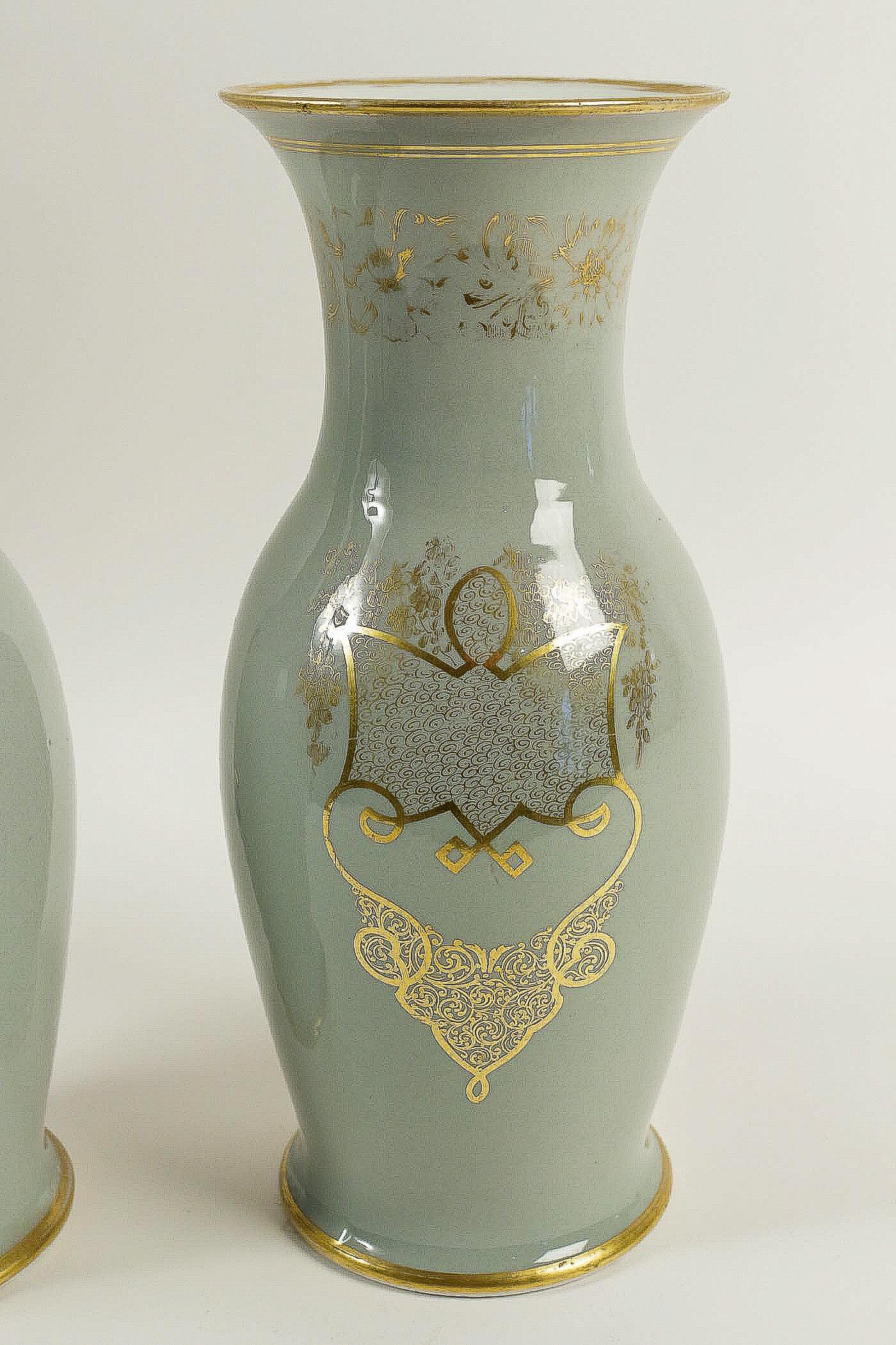Bayeux, French 19th Century, Polychrome Celadon Family Pair of Vases, circa 1850 1