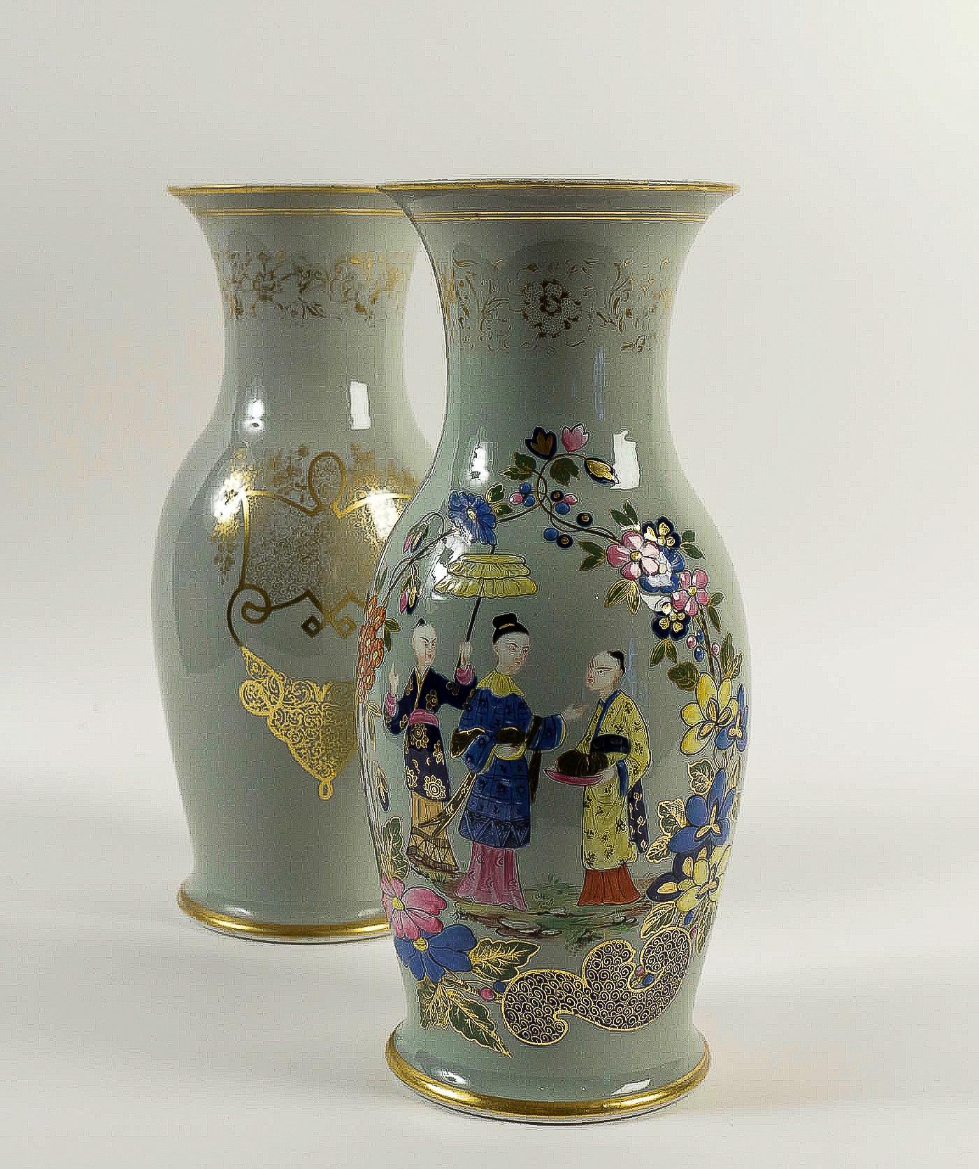 Bayeux, French 19th Century, Polychrome Celadon Family Pair of Vases, circa 1850 3