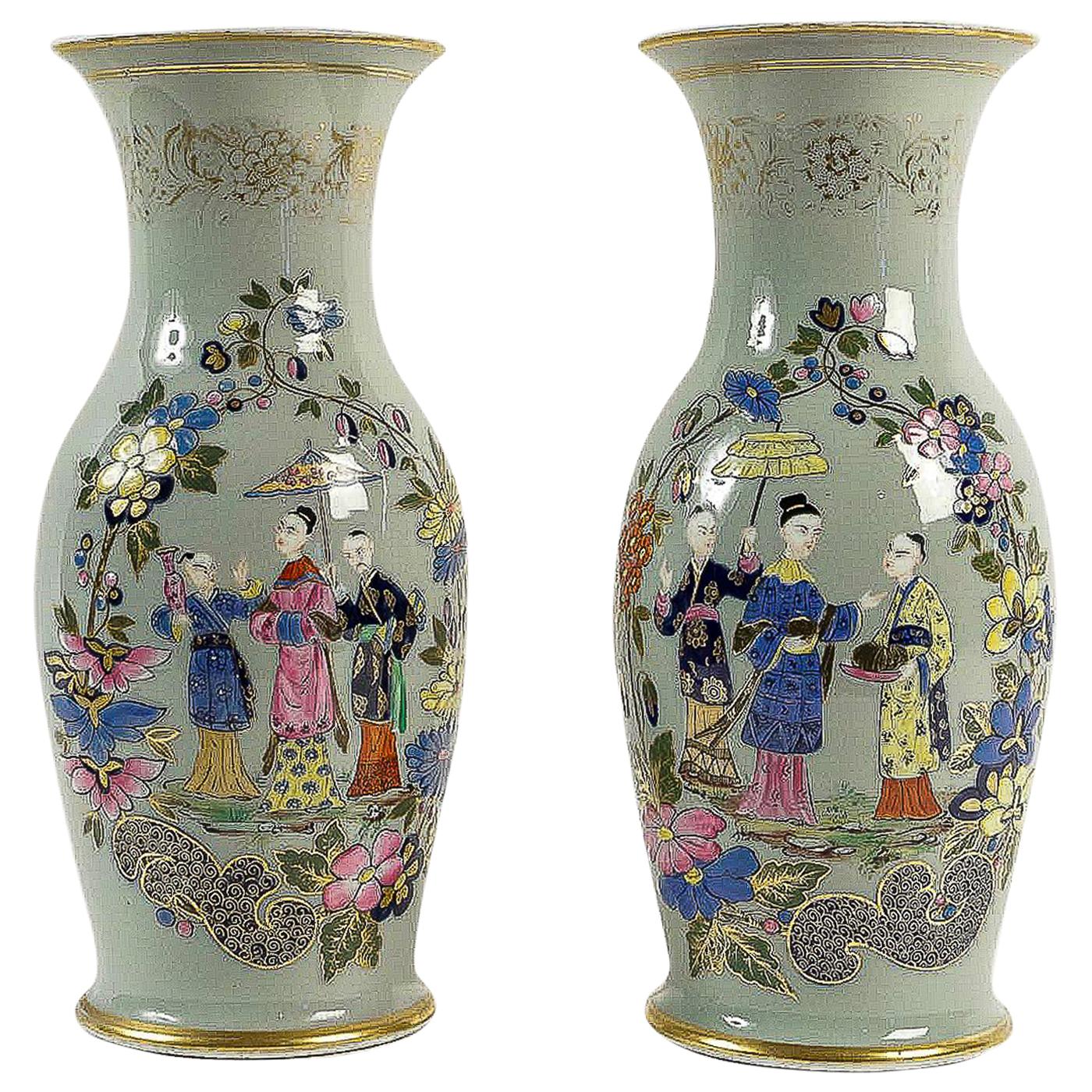 Bayeux, French 19th Century, Polychrome Celadon Family Pair of Vases, circa 1850
