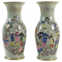 Antique Bayeux, French 19th Century, Polychrome Celadon Family Pair of Vases, circa 1850