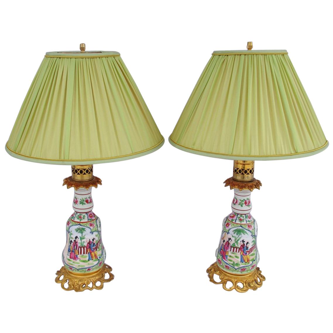Bayeux Porcelain Pair of Lamps, Canton Style, 19th Century