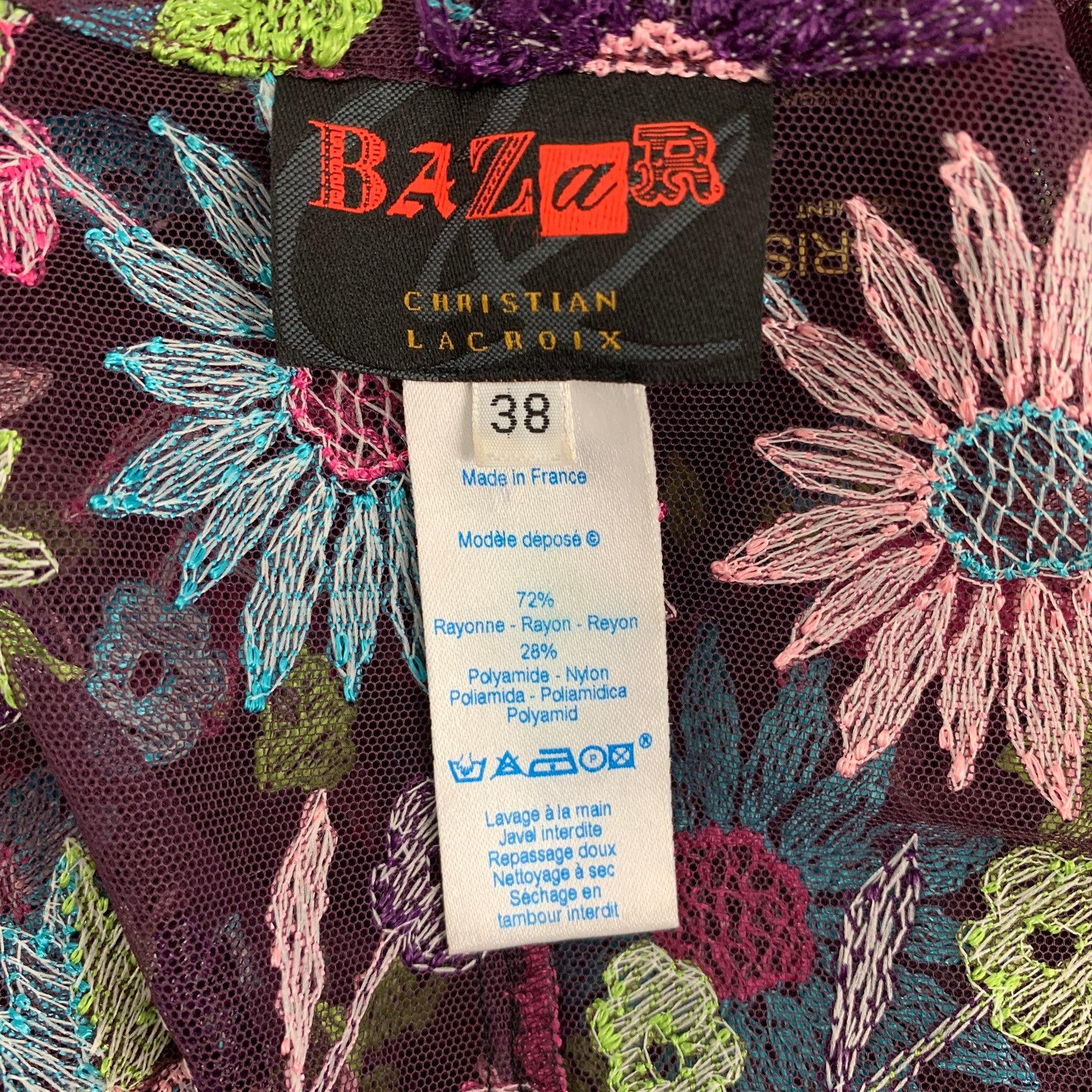 BAZAR by CHRISTIAN LACROIX Size 6 Purple Multi-Color Rayon Blend Embroidered Top 1