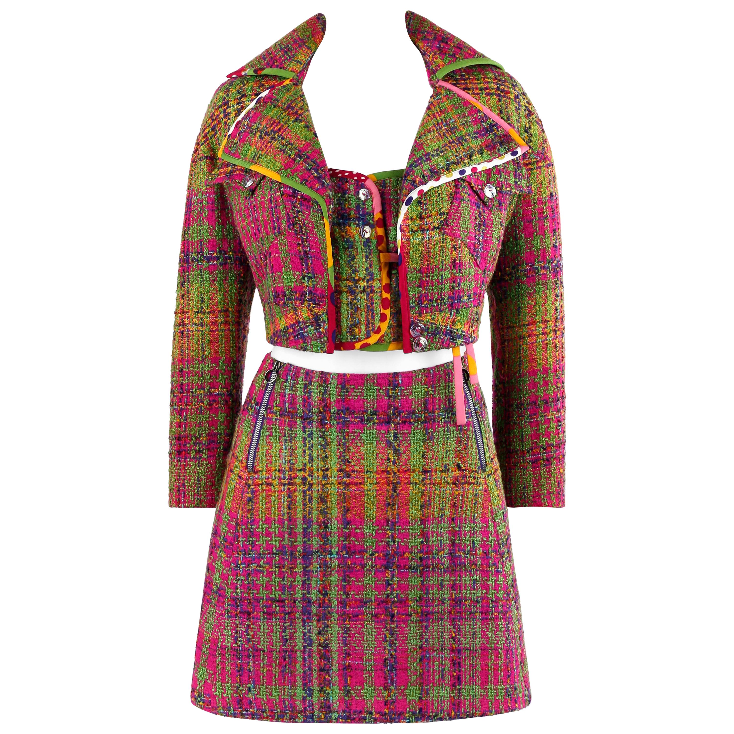 Bazar de Christian Lacroix c.2000's 3 Pc Tweed Multi-Color Tweed Eton Skirt Suit Set