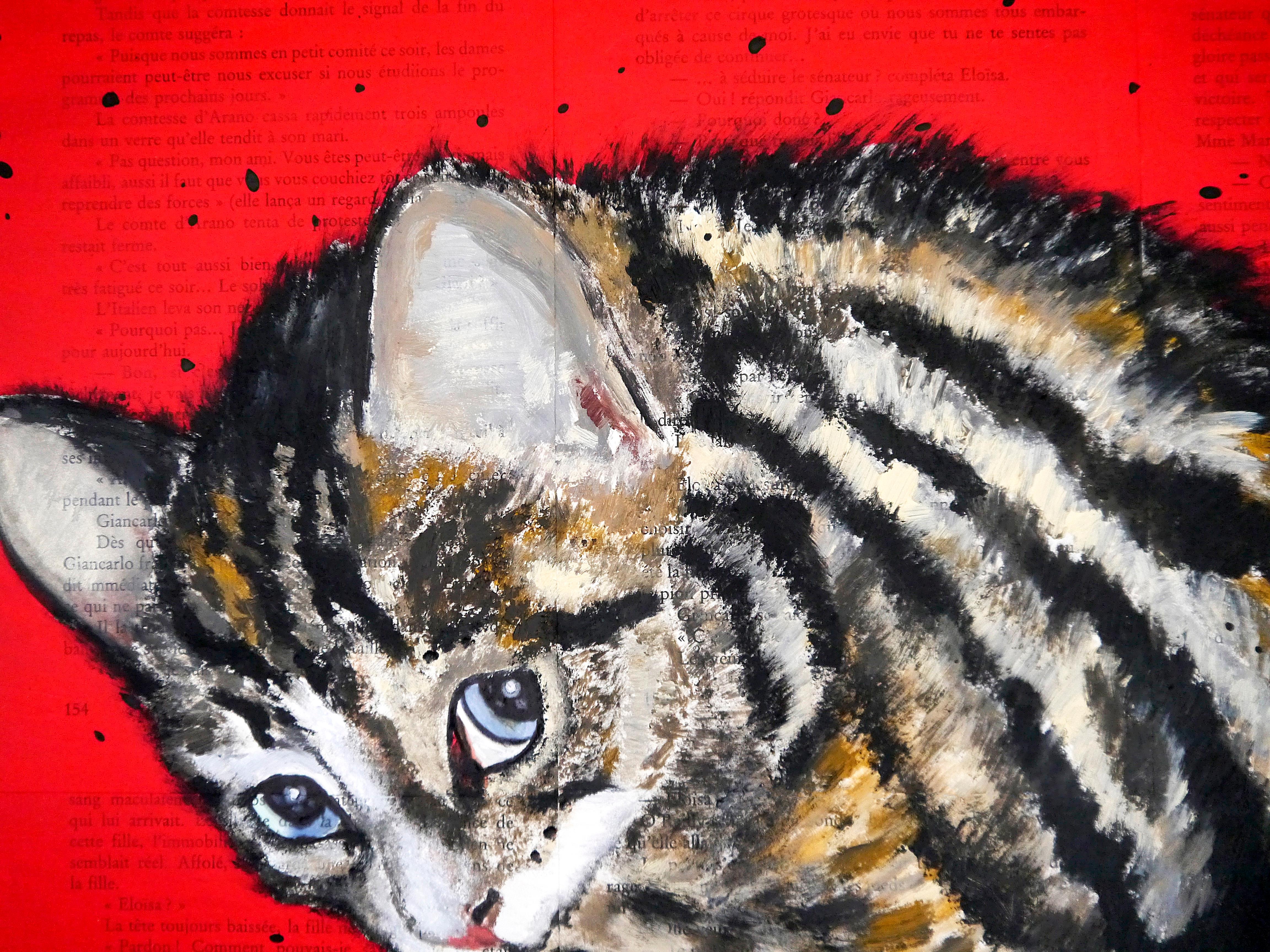 FRENCH SCHOOL Cat Curled up Chut les Barbizons! - Red Animal Painting by bazevian animal