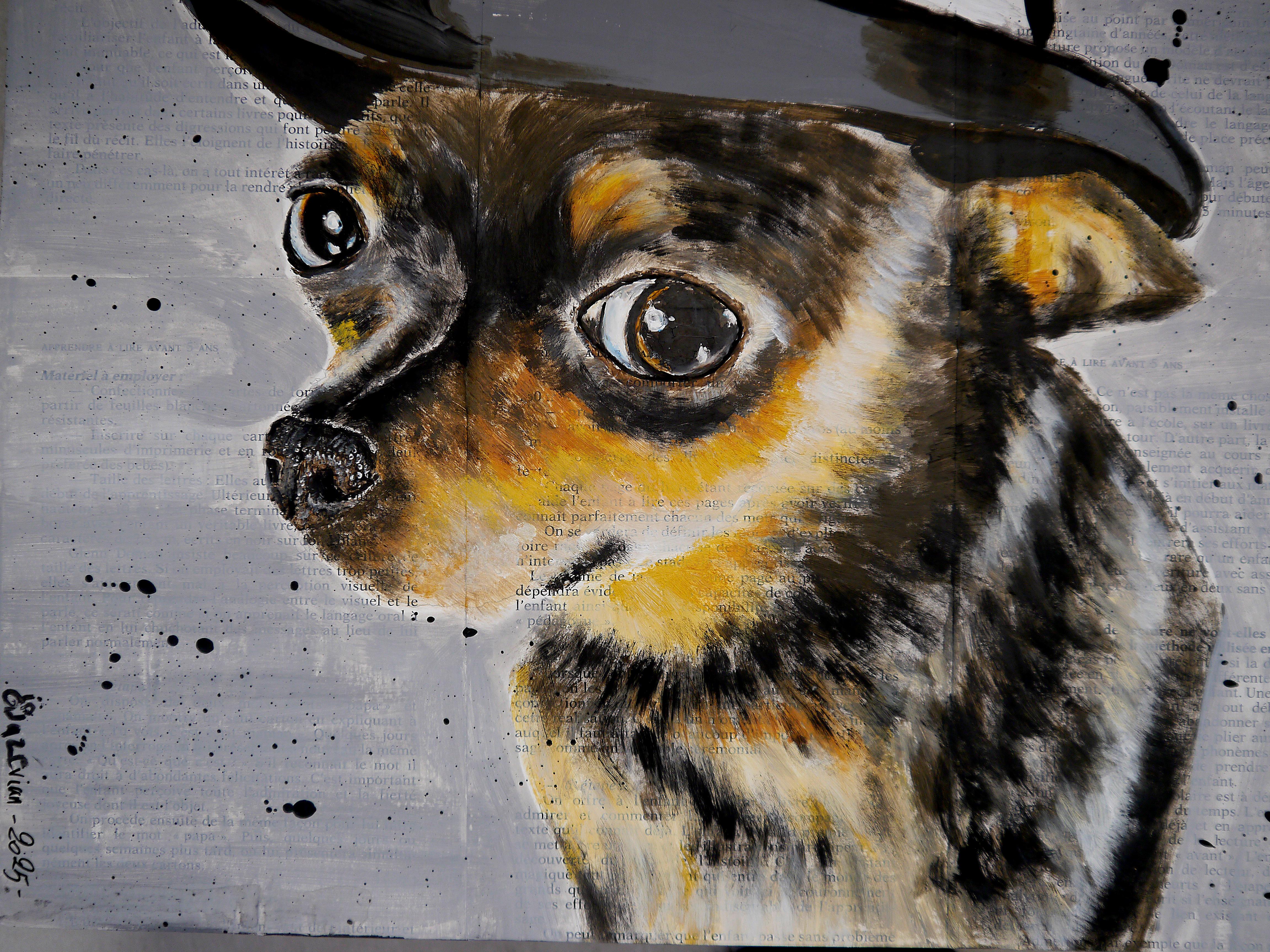 French school Chihuahua Al Capone Chut Les Barbizons! - Gray Animal Painting by bazevian animal