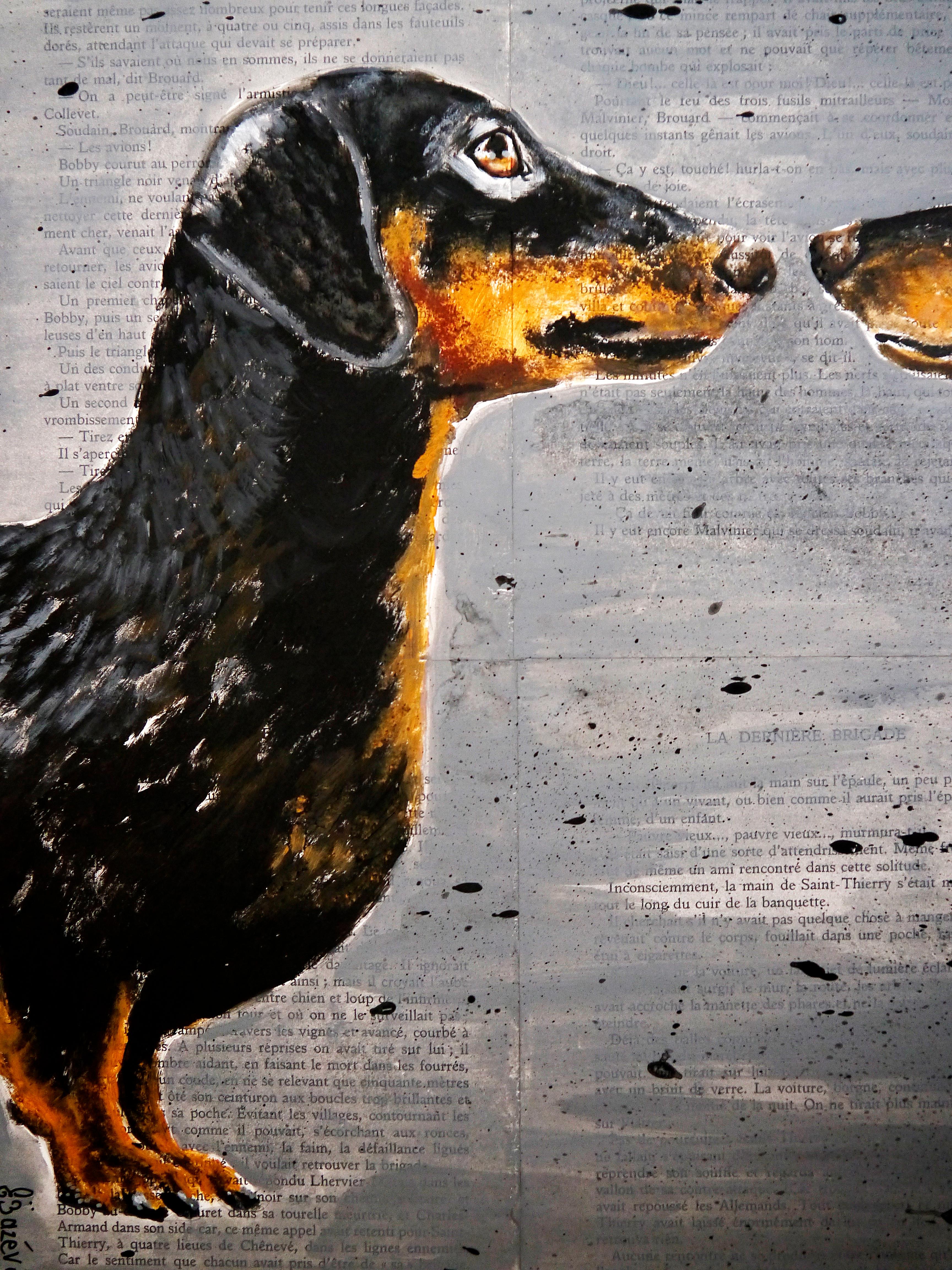 FRENCH SCHOOL Funny Valentine Dachshund Where is my body?05 Chut les Barbizons! - Tonalist Painting by bazevian animal