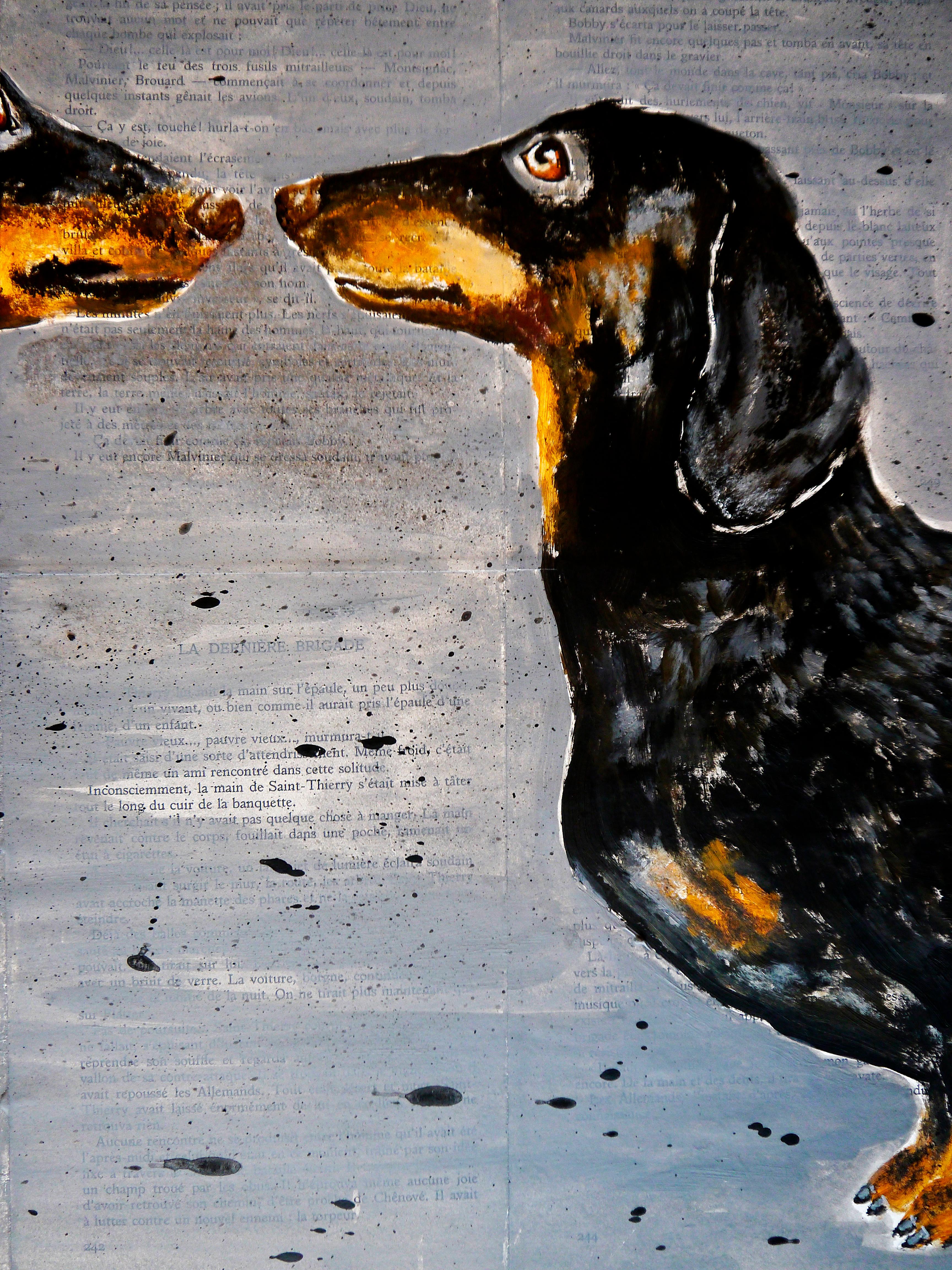 FRENCH SCHOOL Funny Valentine Dachshund Where is my body?05 Chut les Barbizons! - Gray Animal Painting by bazevian animal