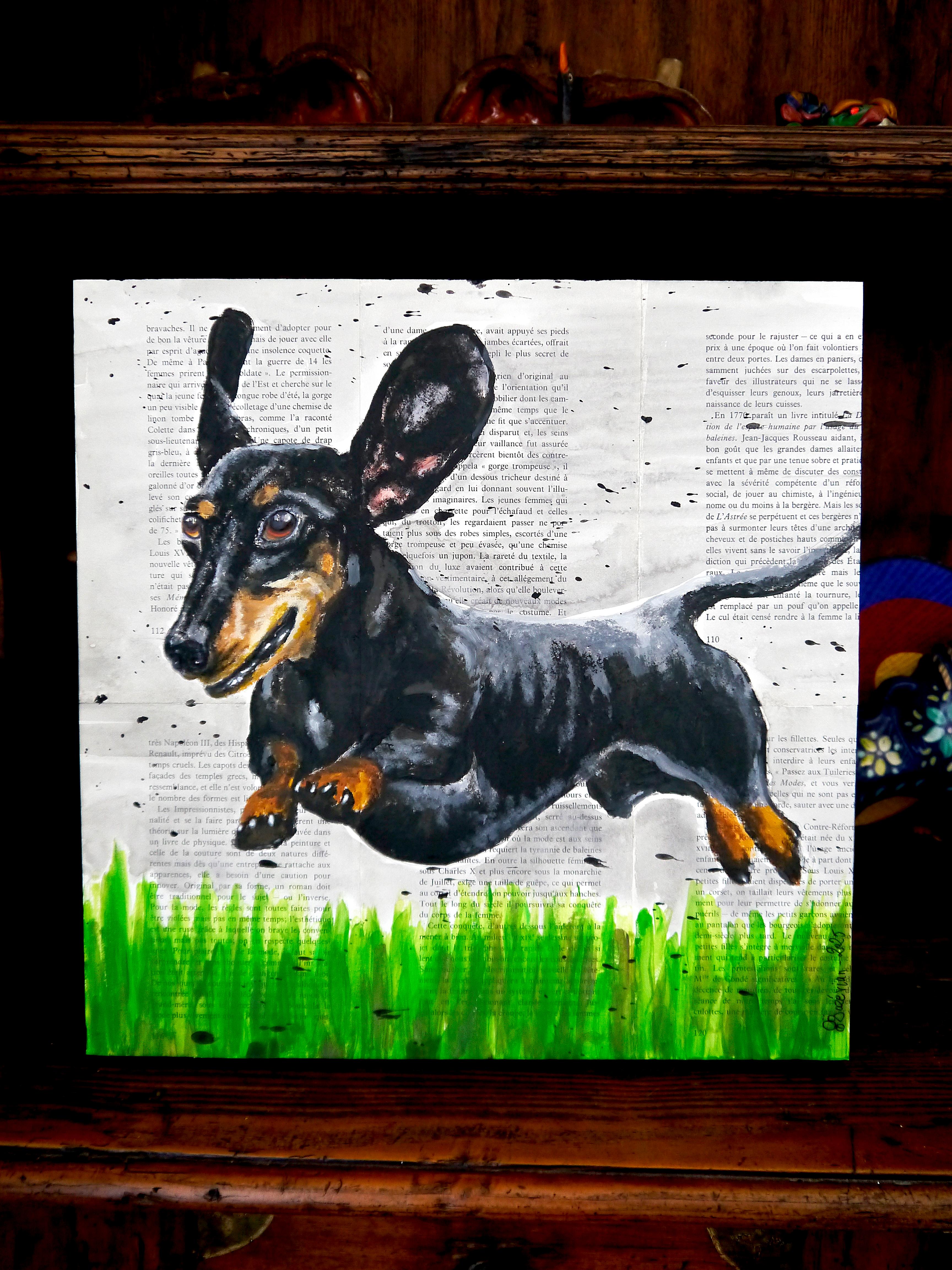 FRENCH SCHOOL Hedgehopping Dachshund Chut les Barbizons! (Tonalismus), Painting, von bazevian animal