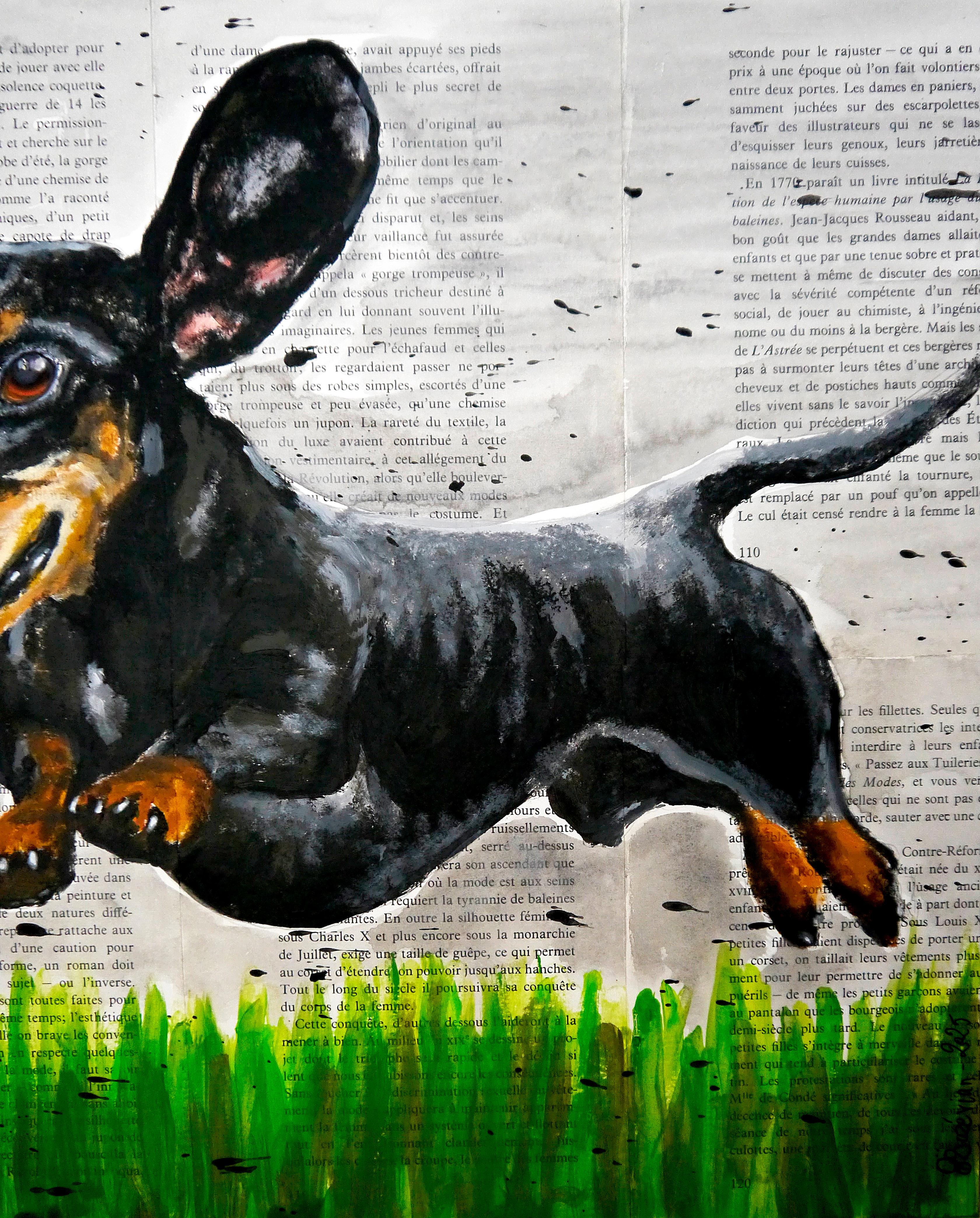 FRENCH SCHOOL Hedgehopping Dachshund Chut les Barbizons! (Schwarz), Animal Painting, von bazevian animal