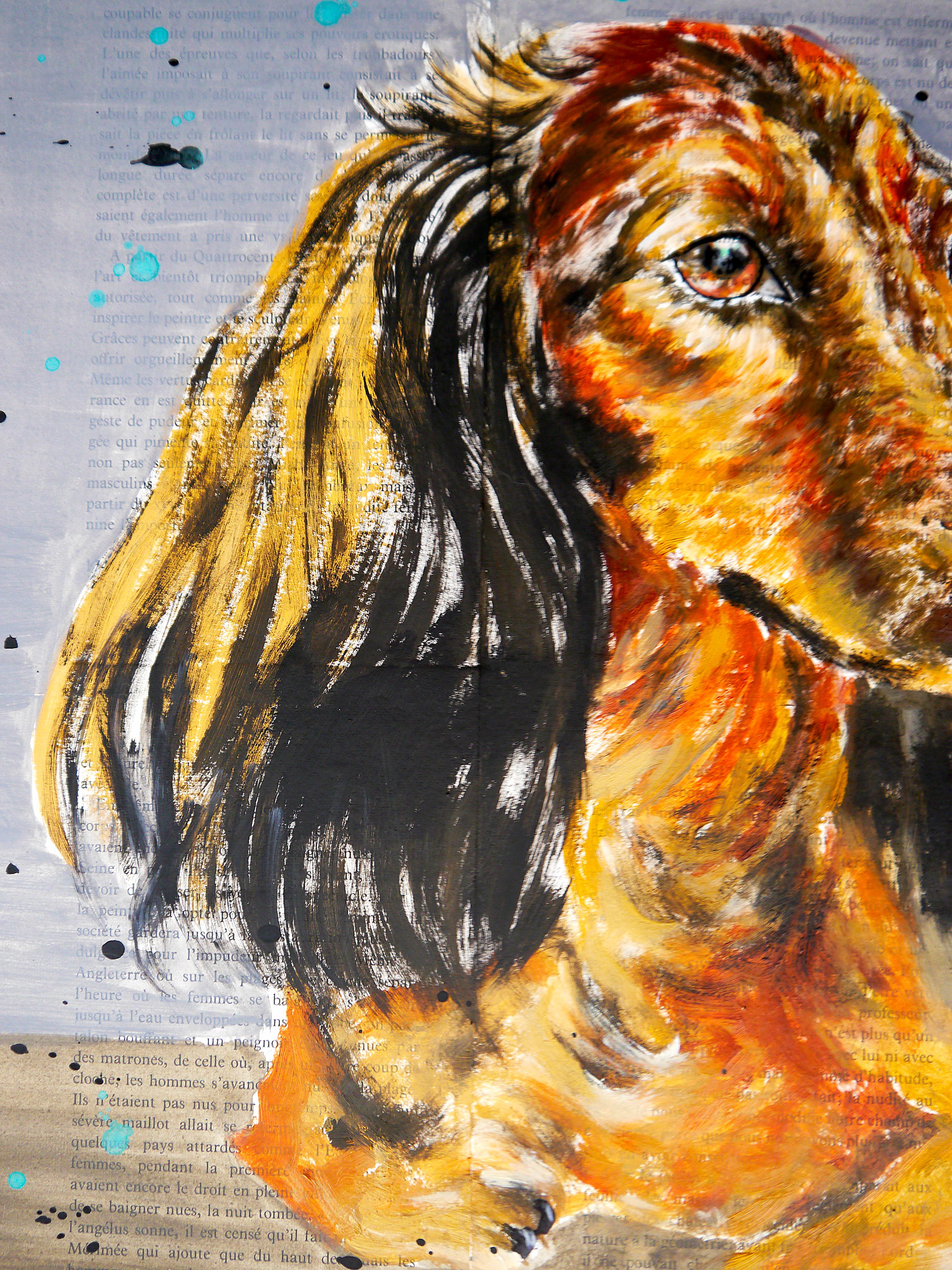 FRENCH SCHOOL Oeil de Velour Dachshund Chut les Barbizons! - Brown Figurative Painting by bazevian animal