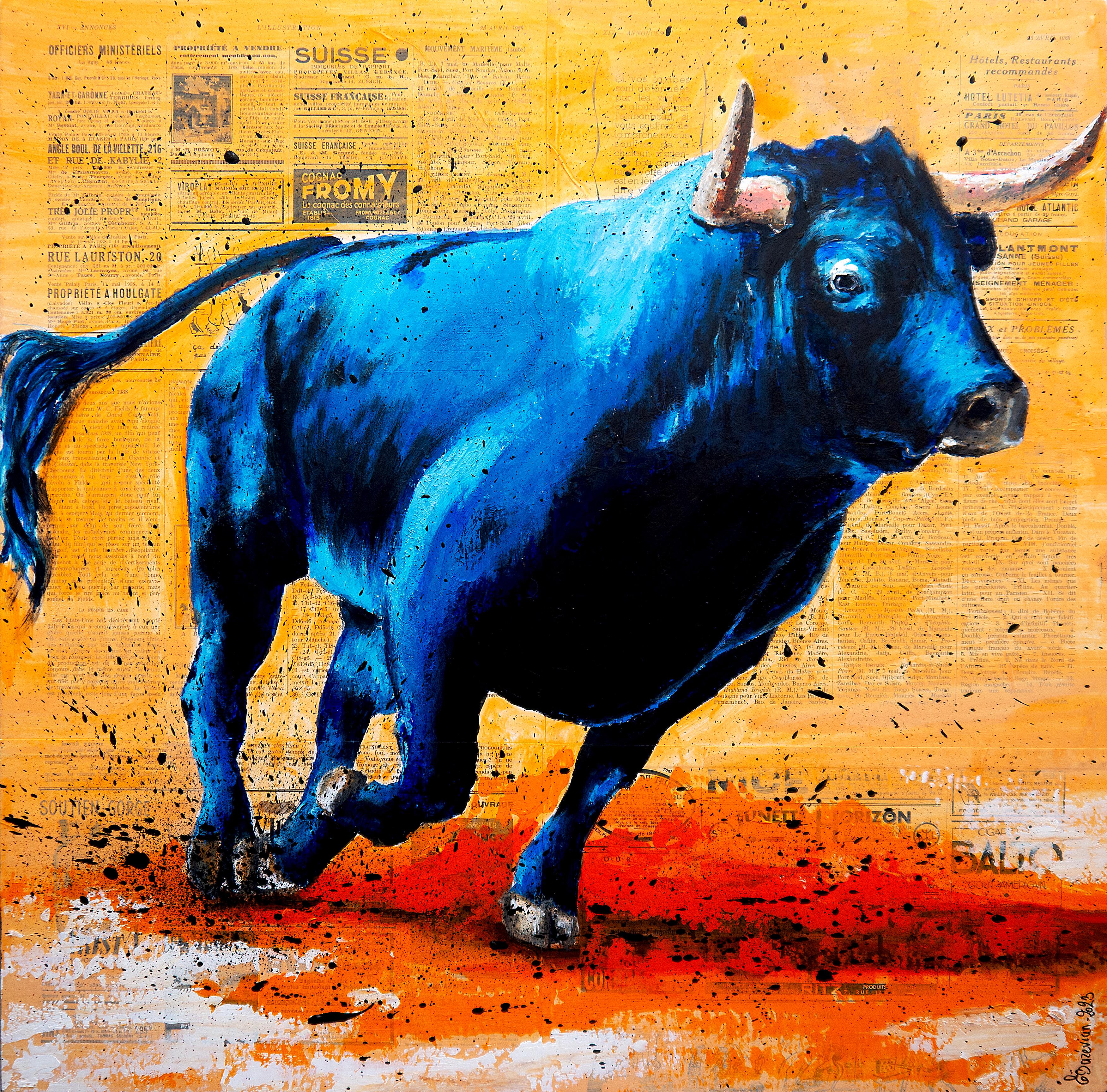 French School Raging Bull VI ♛ 1938 - Impressionist Ready to hang oil painting