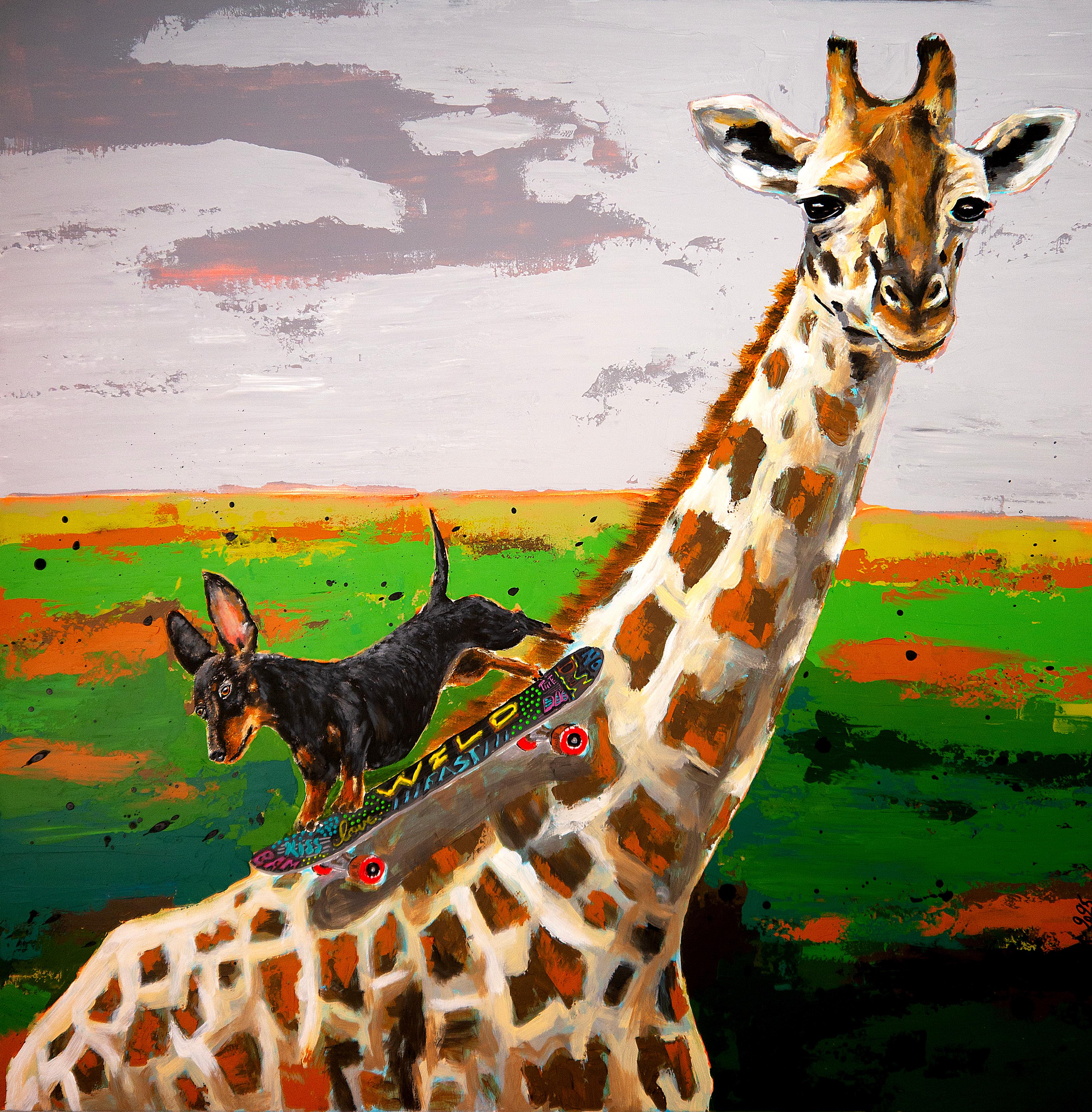 bazevian animal Figurative Painting - French School Roller Coaster Dachshund Skate Street - Chut les Barbizons!