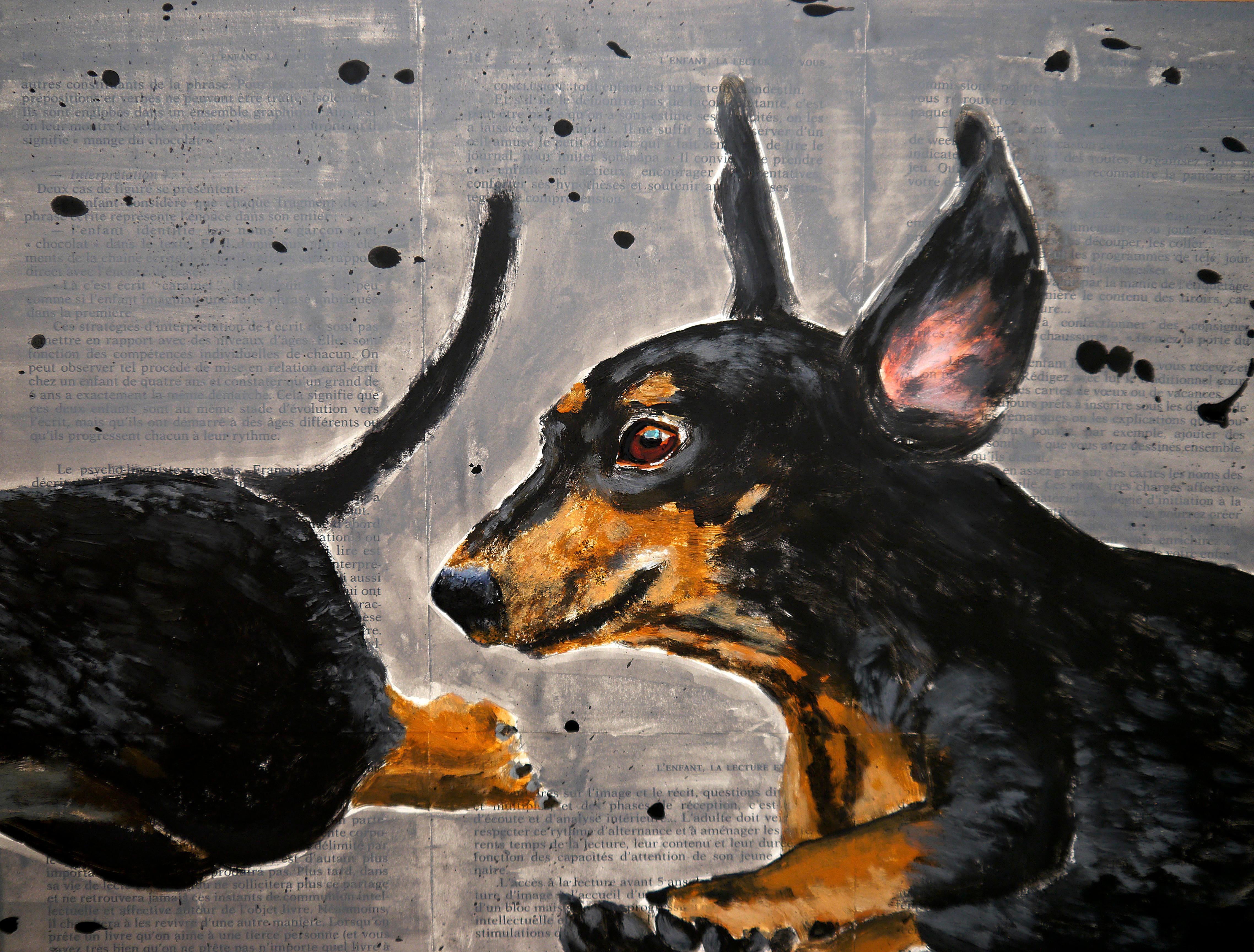 FRENCH SCHOOL SUPER FLYING Dachshund Where is my body?04 Chut les Barbizons! - Gray Figurative Painting by bazevian animal
