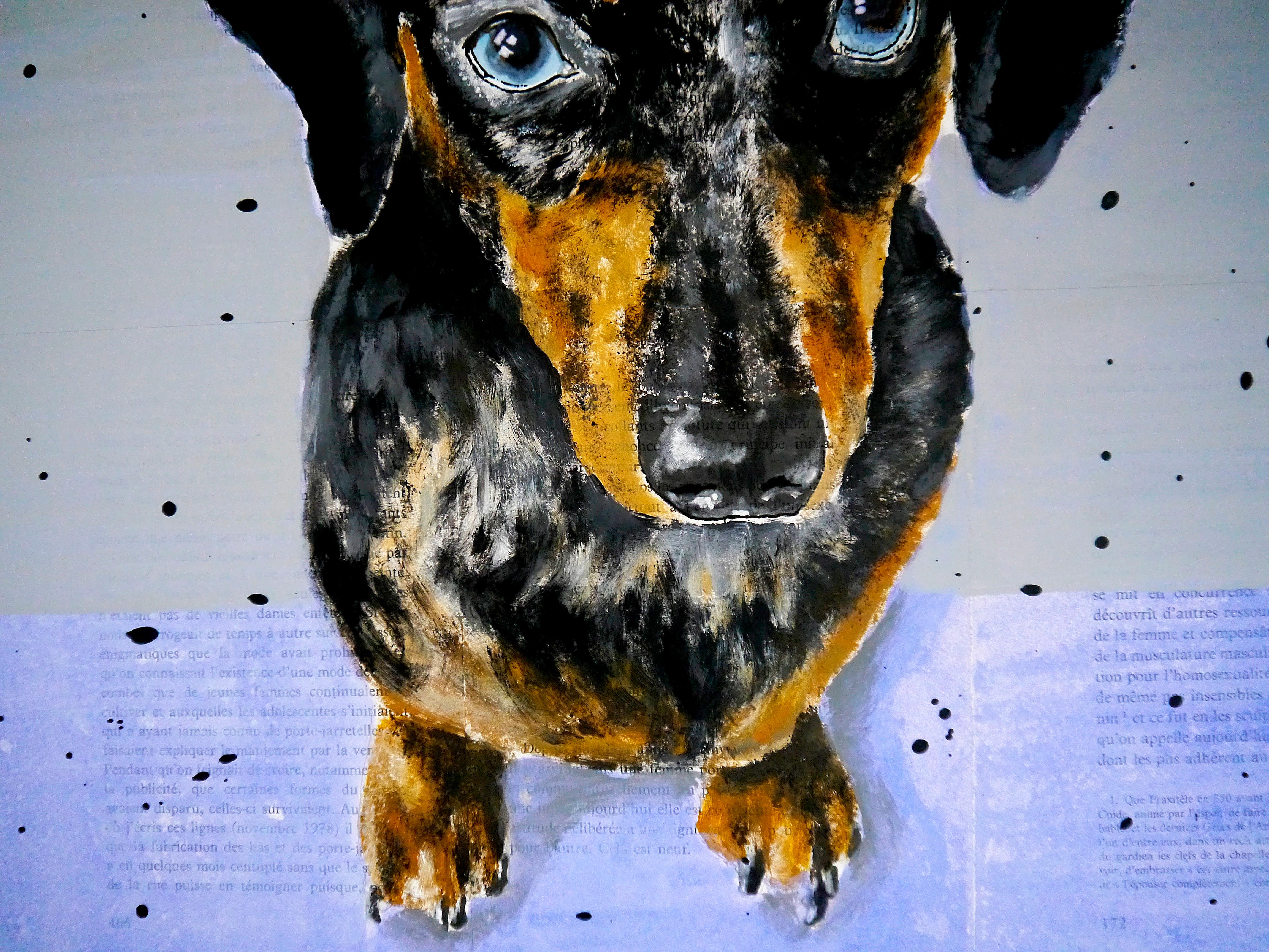 ÉCOLE FRANÇAISE Où est mon corps ? A la poursuite de mes rêves lilas. Teckel Chut Barbizon - Violet Figurative Painting par bazevian animal