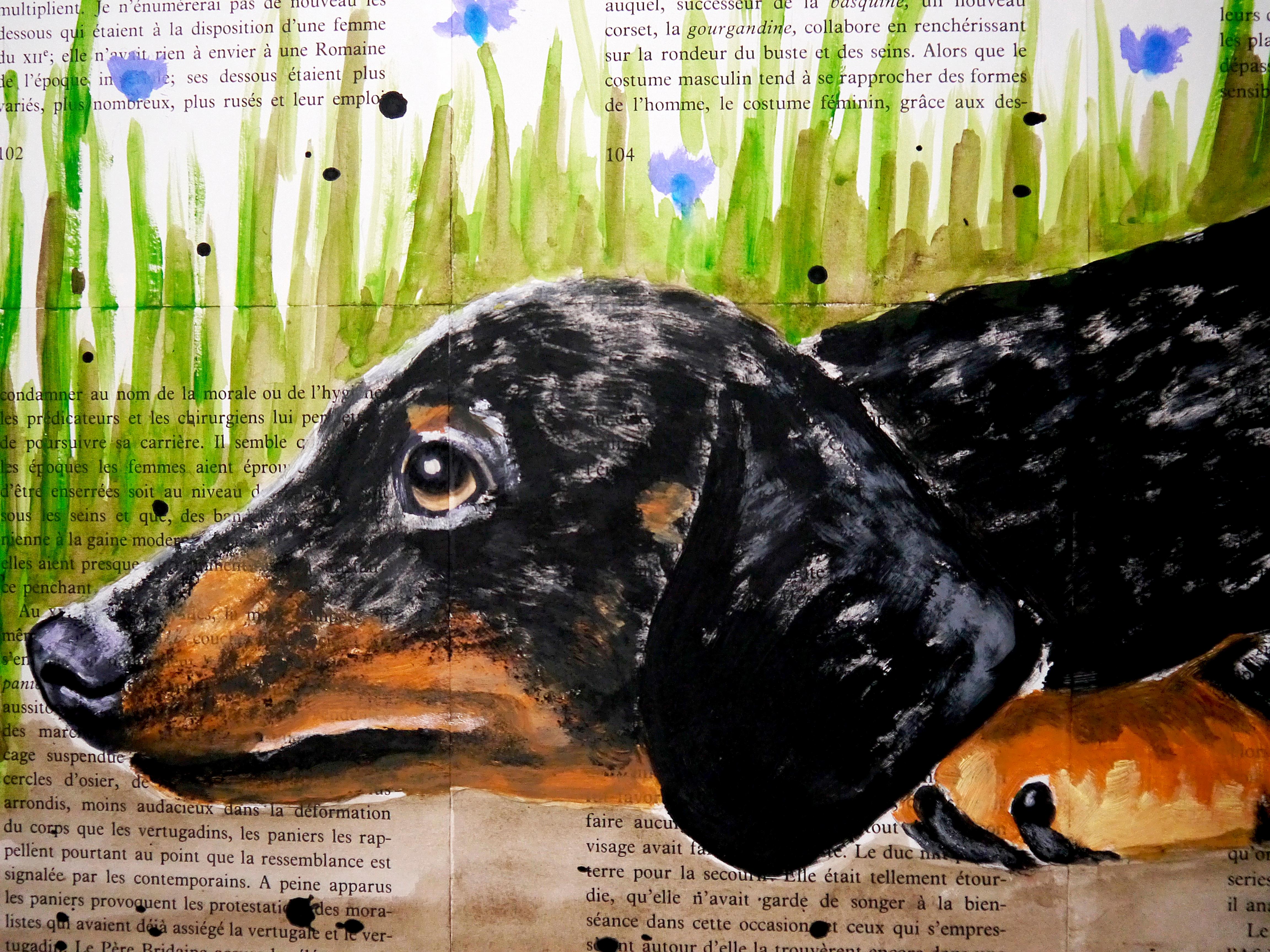 Portrait Teckel - FRENCH SCHOOL - Hide and Seek Chut les Barbizons ! CHIEN - Tonalisme Painting par bazevian animal