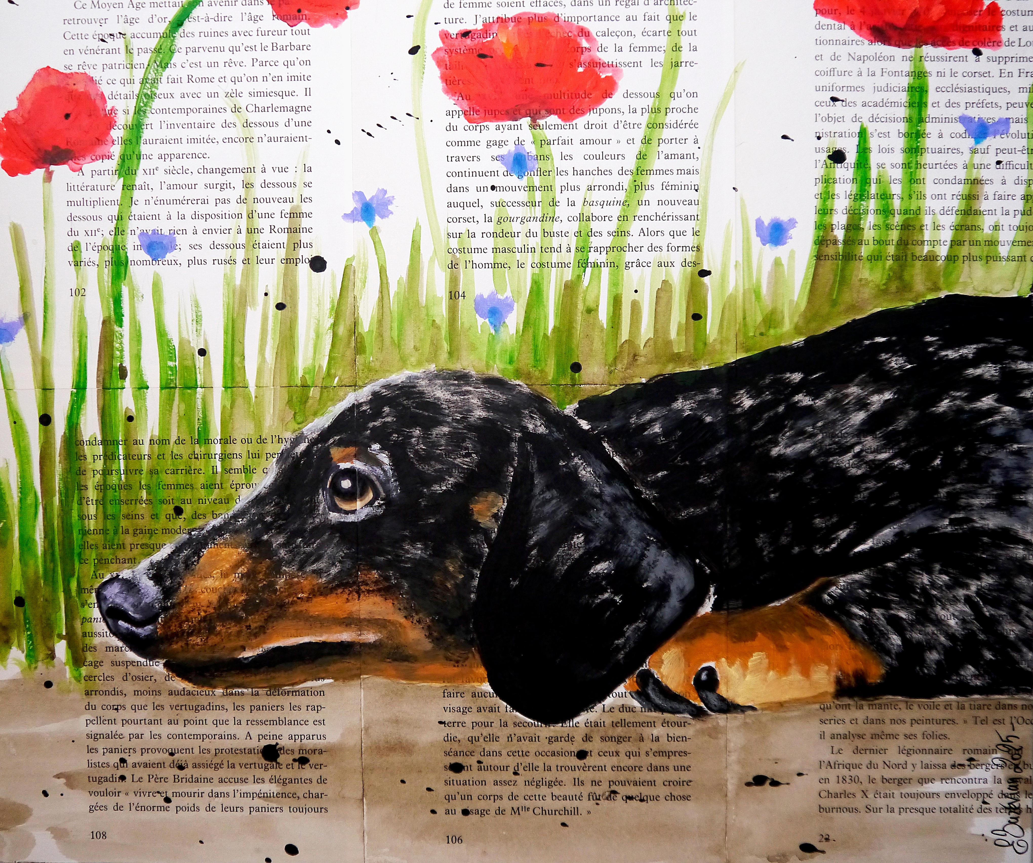 Portrait Teckel - FRENCH SCHOOL - Hide and Seek Chut les Barbizons ! CHIEN - Beige Animal Painting par bazevian animal