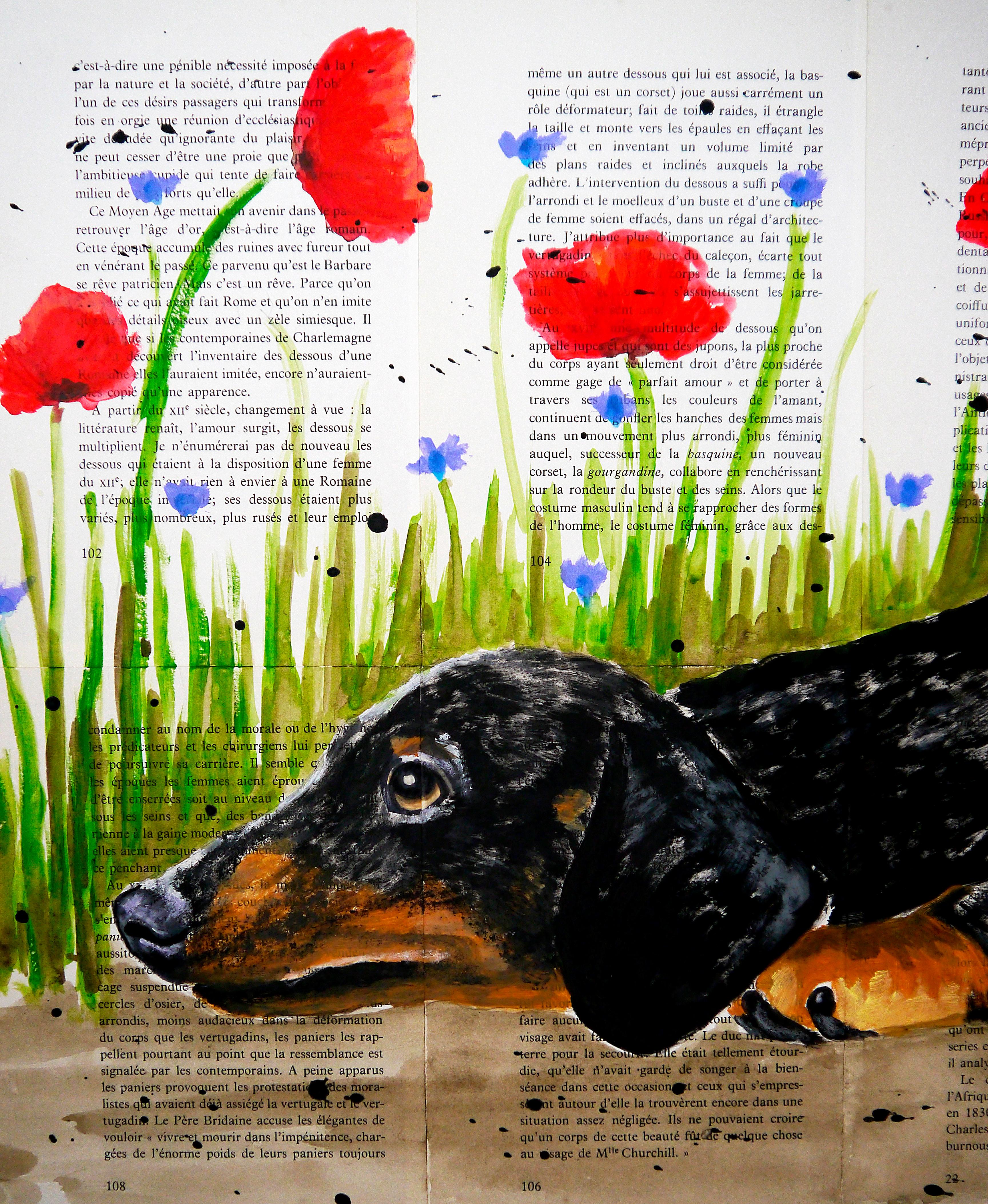 Portrait d'un chien teckel.    Cache-cache


Technique : huile, acrylique, colle, encre sur pages de livres anciens sur cadre en bois 40x40cm ■■ 15,7 x15,7inch.

⭐Sustainability⭐ : Le cadre en bois est fabriqué par l'artiste en recyclant de vieux