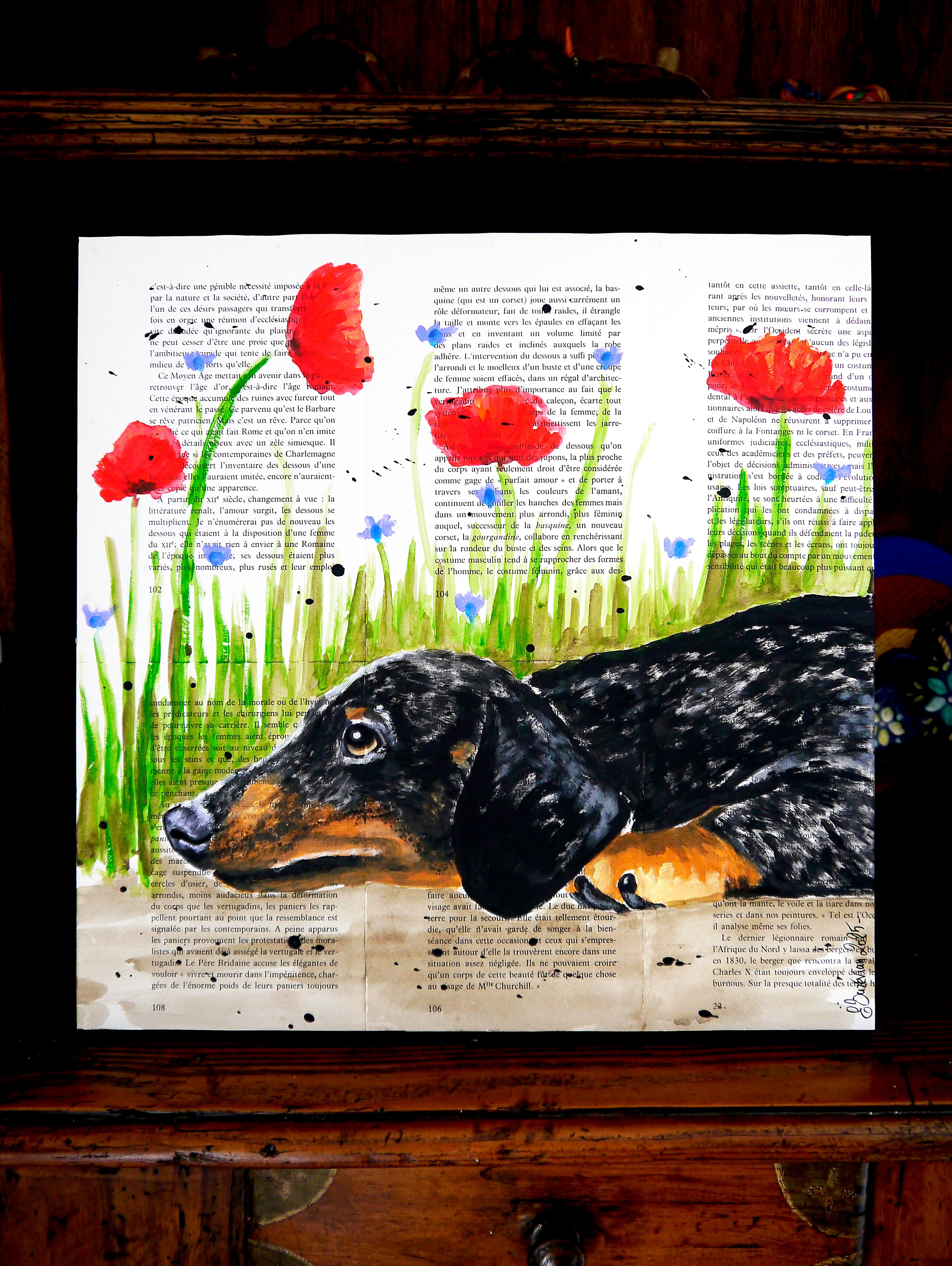 Portrait Teckel - FRENCH SCHOOL - Hide and Seek Chut les Barbizons ! CHIEN en vente 3